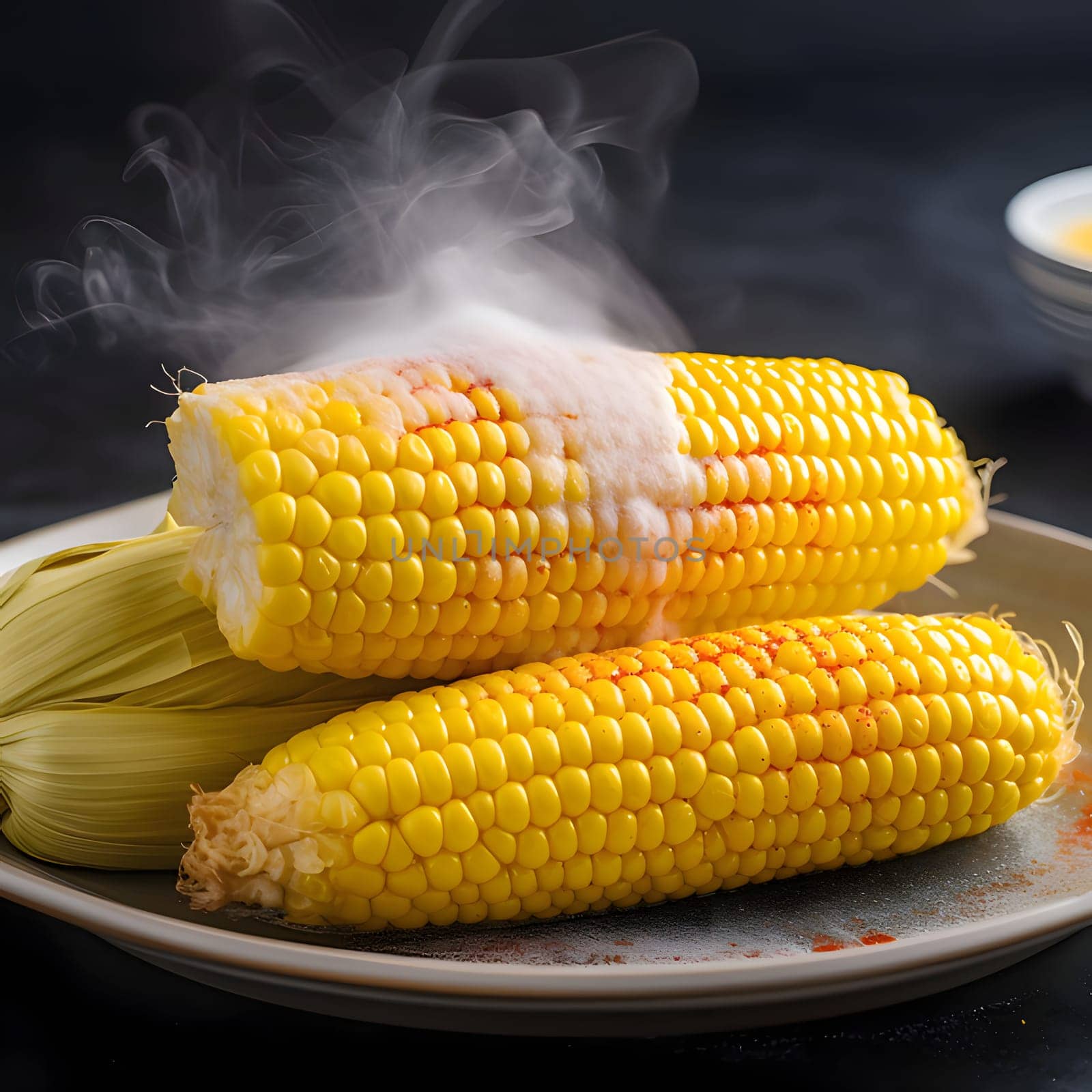 Yellow corn cobs cooked on a plate with steam. Corn as a dish of thanksgiving for the harvest. An atmosphere of joy and celebration.