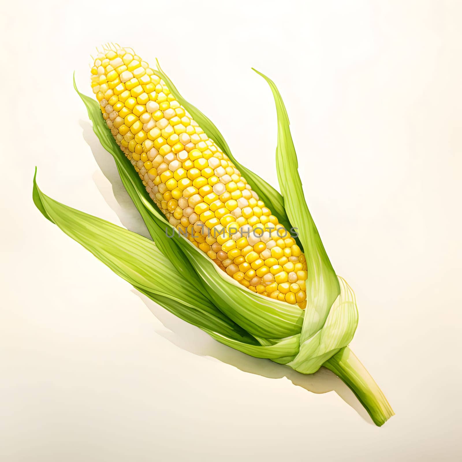 Yellow corn cob in green leaf illustration on light isolated background. Corn as a dish of thanksgiving for the harvest. An atmosphere of joy and celebration.