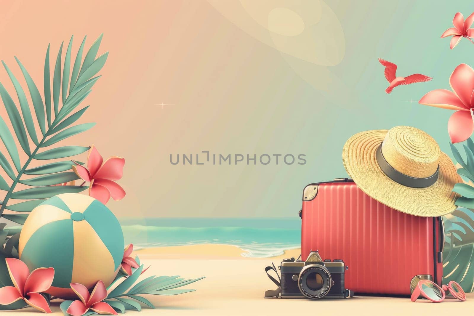 vacation travel time banner, travel suitcase with exotic destination inside with copy space area. by Chawagen