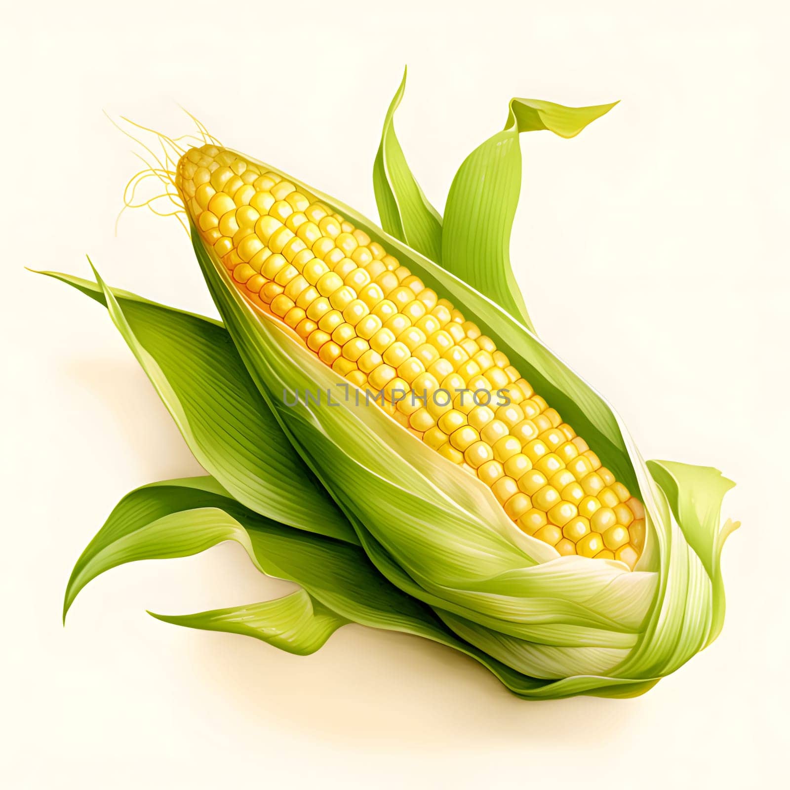 Yellow corn cob in green leaf illustration on light isolated background. Corn as a dish of thanksgiving for the harvest. by ThemesS