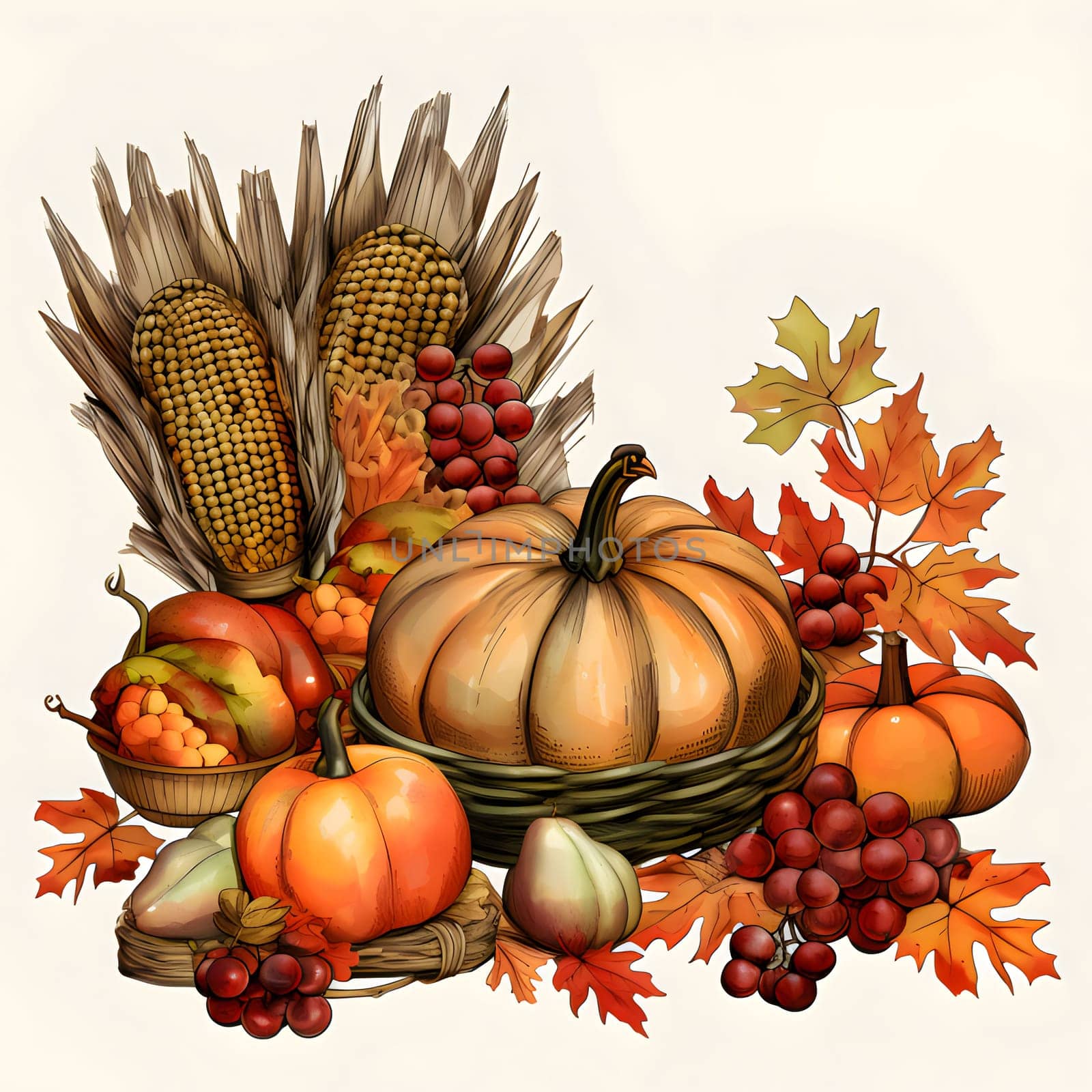 Pumpkins, leaves, grapes, corn. Corn as a dish of thanksgiving for the harvest, a picture on a white isolated background. An atmosphere of joy and celebration.