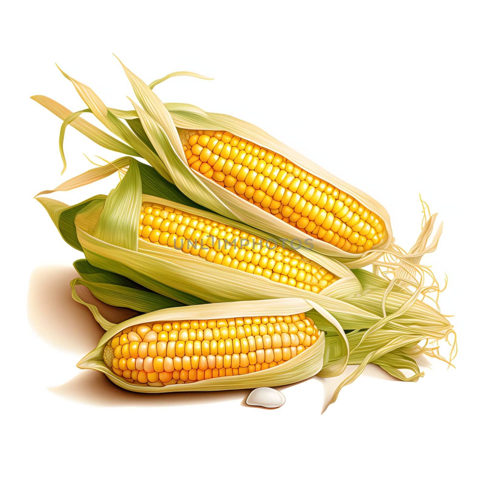 Three yellow corn cobs in green leaves. Corn as a dish of thanksgiving for the harvest, a picture on a white isolated background. An atmosphere of joy and celebration.