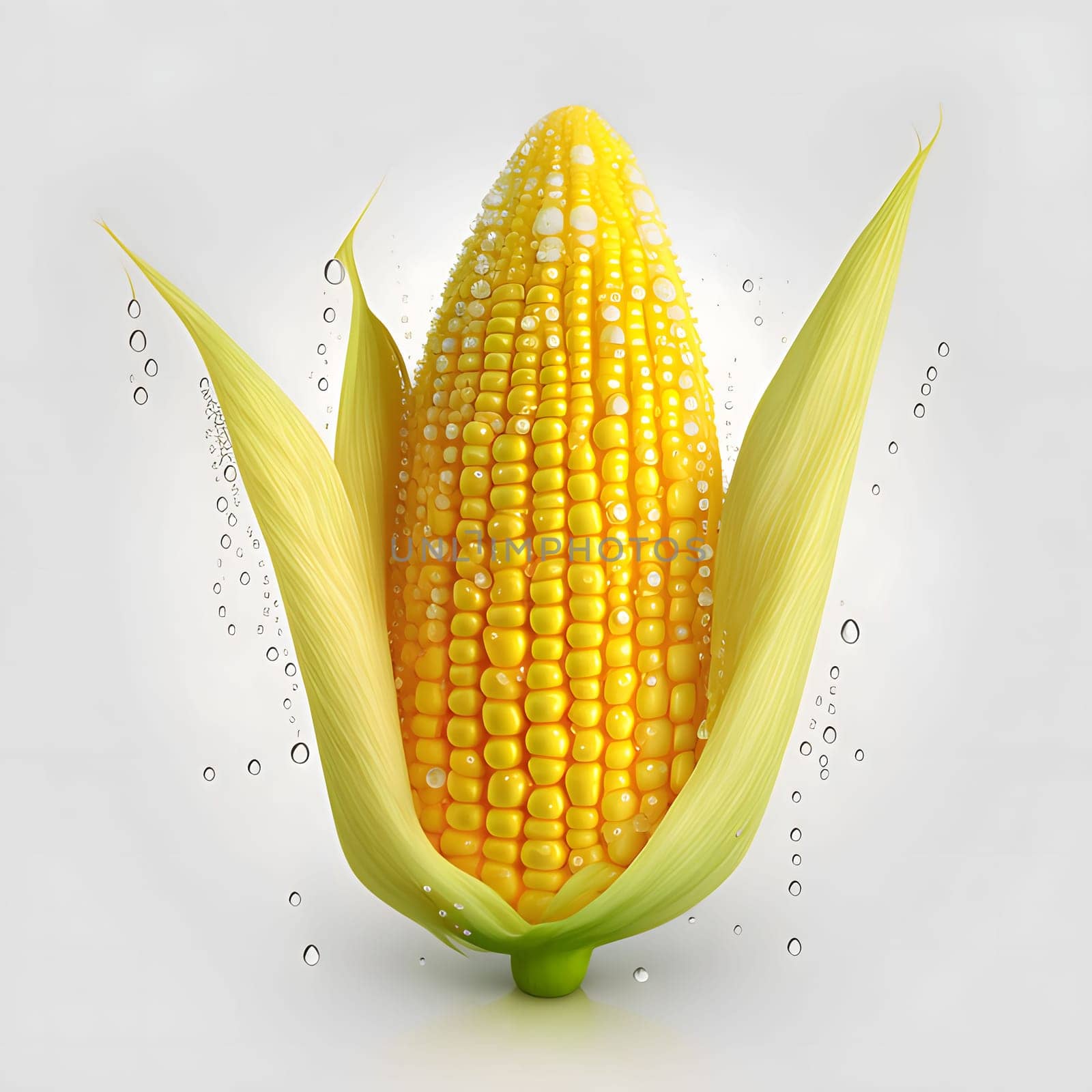 A large yellow cob, corn with a leaf and dripping droplets of water from it. Corn as a dish of thanksgiving for the harvest, a picture on a white isolated background. An atmosphere of joy and celebration.