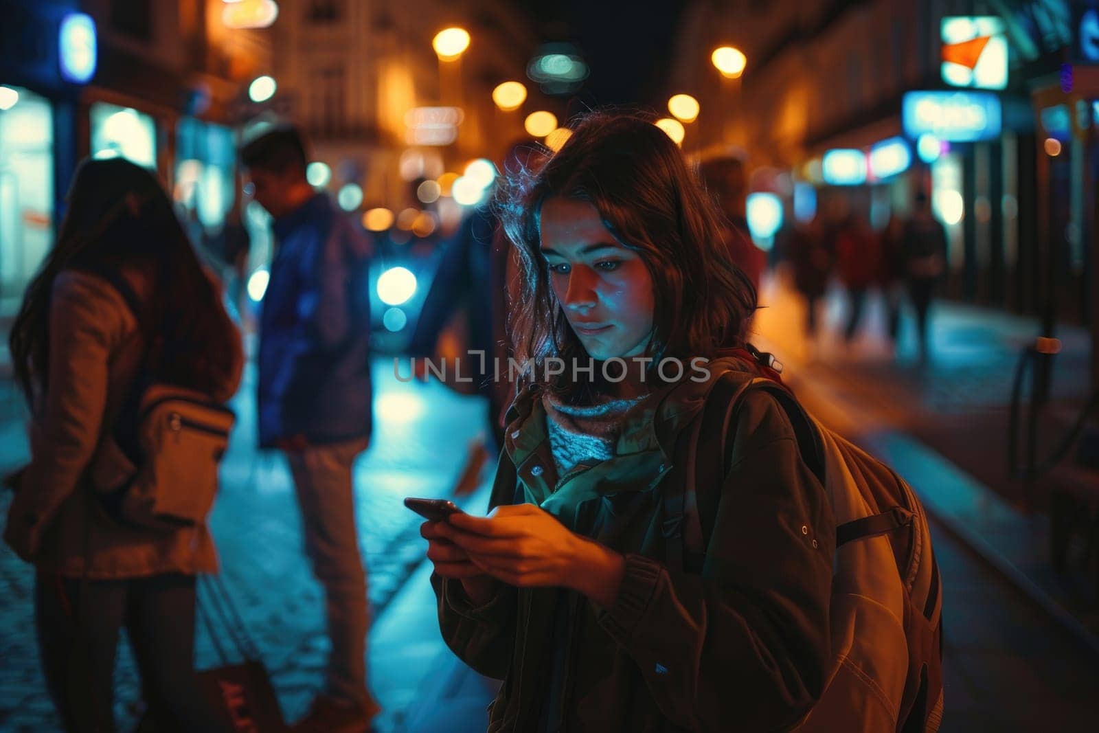 people on street,time of night, addicted to phone. Internet addition concept