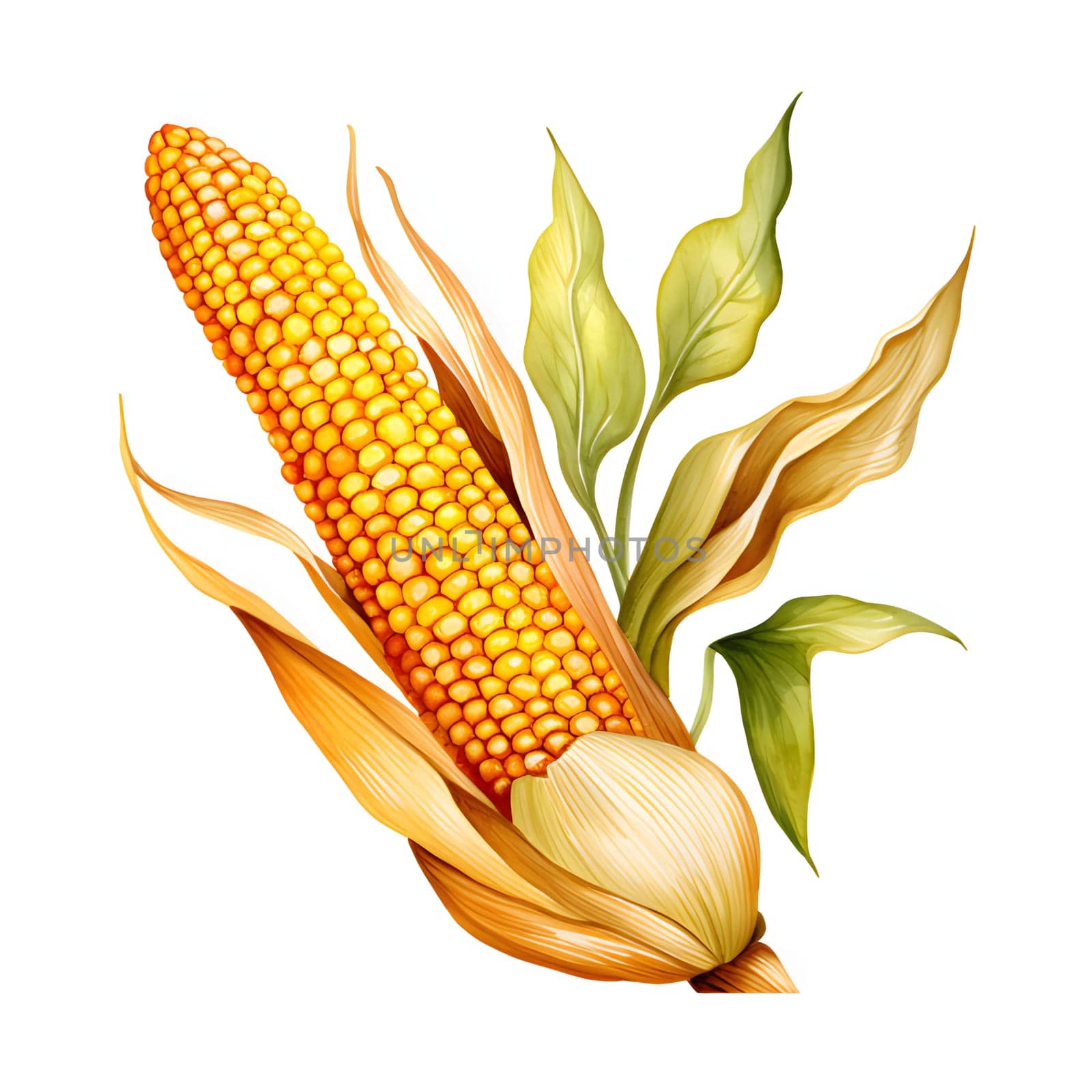 Yellow corn cob with leaf, illustration. Corn as a dish of thanksgiving for the harvest, a picture on a white isolated background. An atmosphere of joy and celebration.