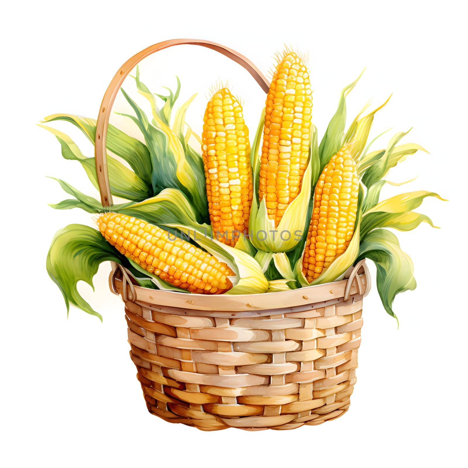 Illustration of a wicker basket and in it yellow corn cobs with leaves. Corn as a dish of thanksgiving for the harvest, a picture on a white isolated background. An atmosphere of joy and celebration.