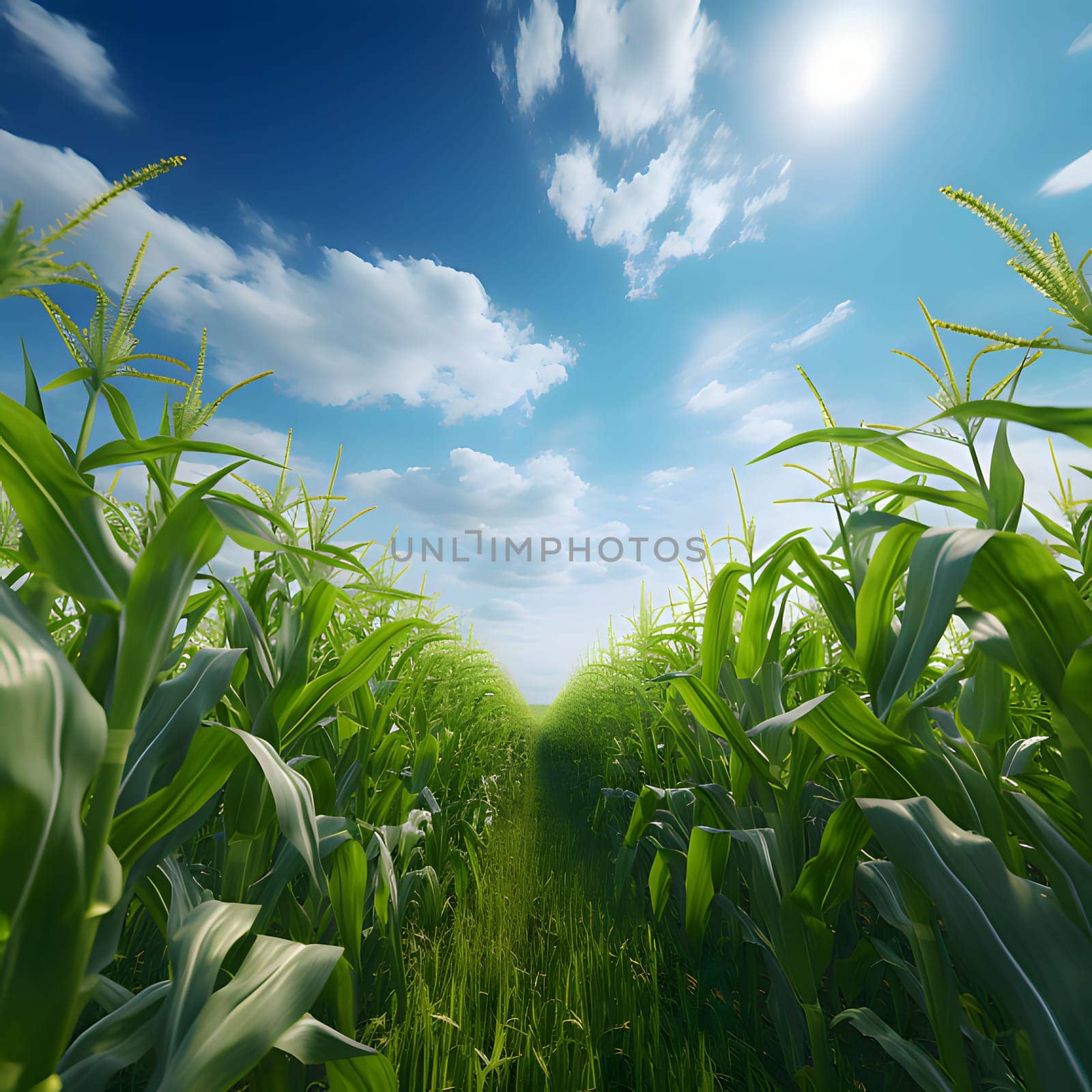 A grassy path along a corn field. Corn as a dish of thanksgiving for the harvest. by ThemesS