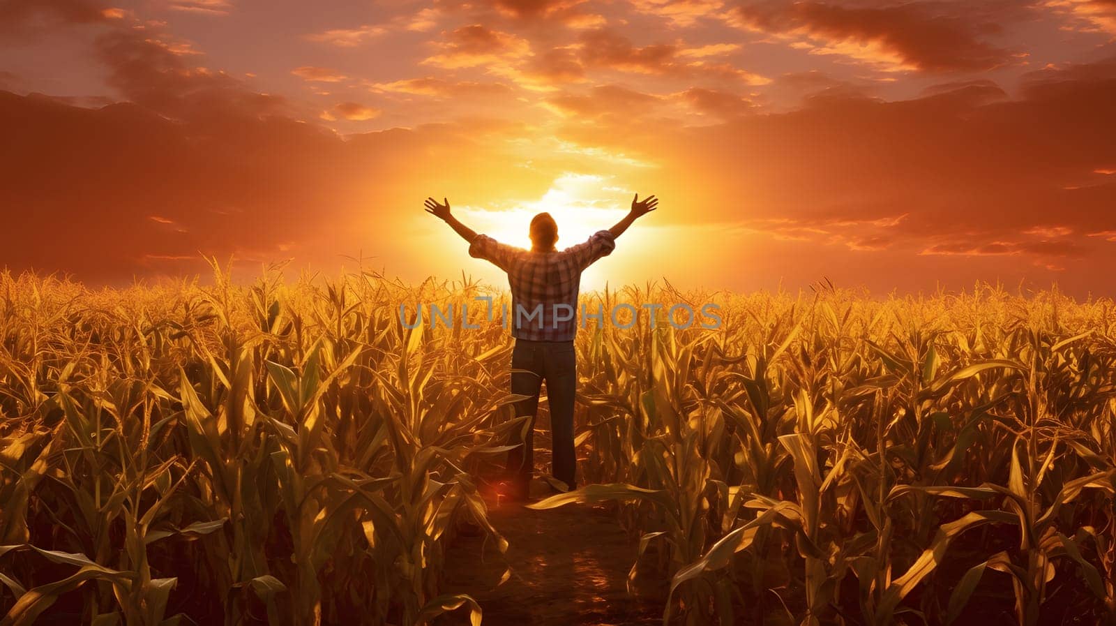 The back of a man with his hands raised against a sunset background in a cornfield. Corn as a dish of thanksgiving for the harvest. An atmosphere of joy and celebration.