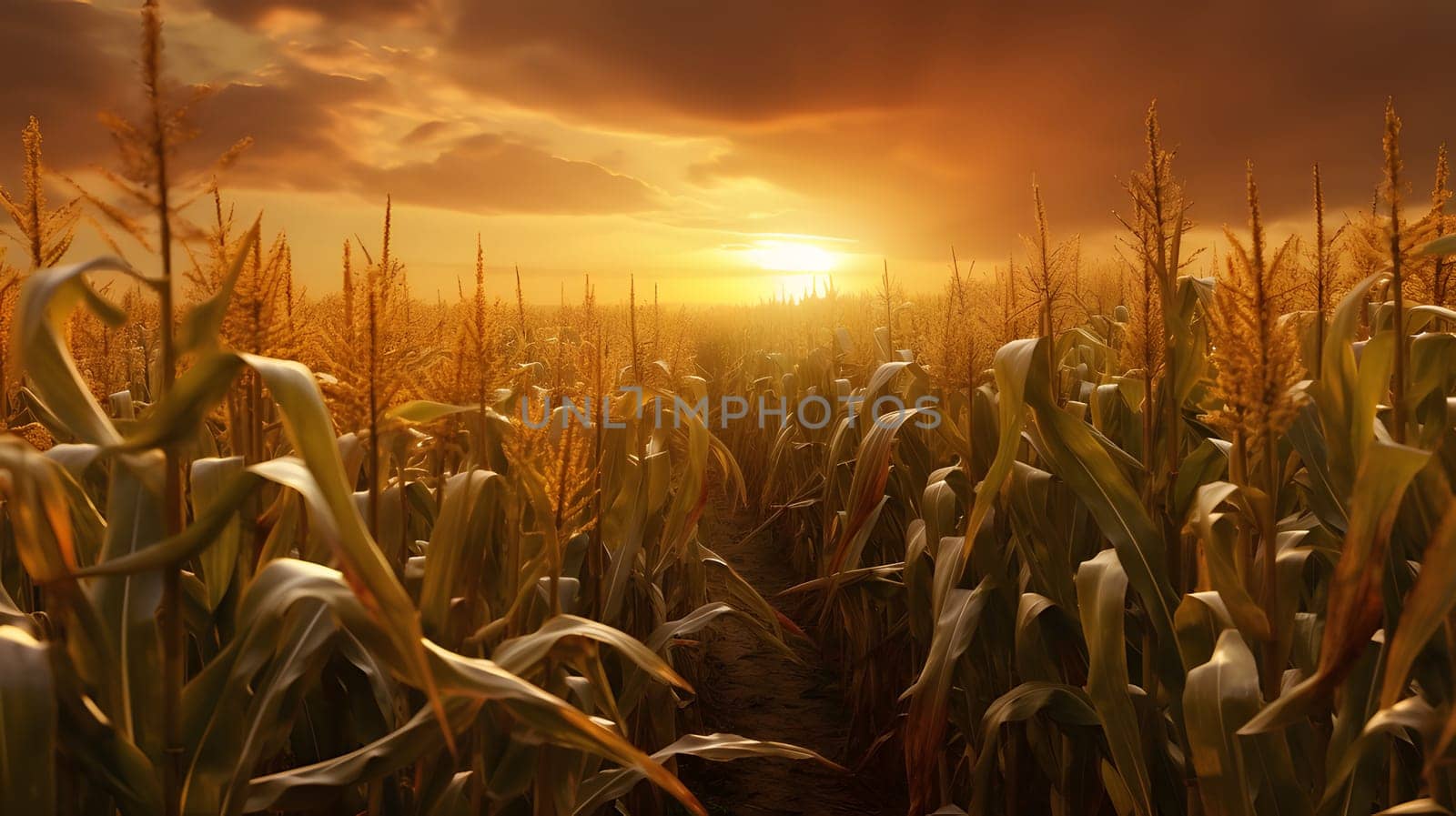 A corn field stretching to the horizon at sunset. Corn as a dish of thanksgiving for the harvest. by ThemesS