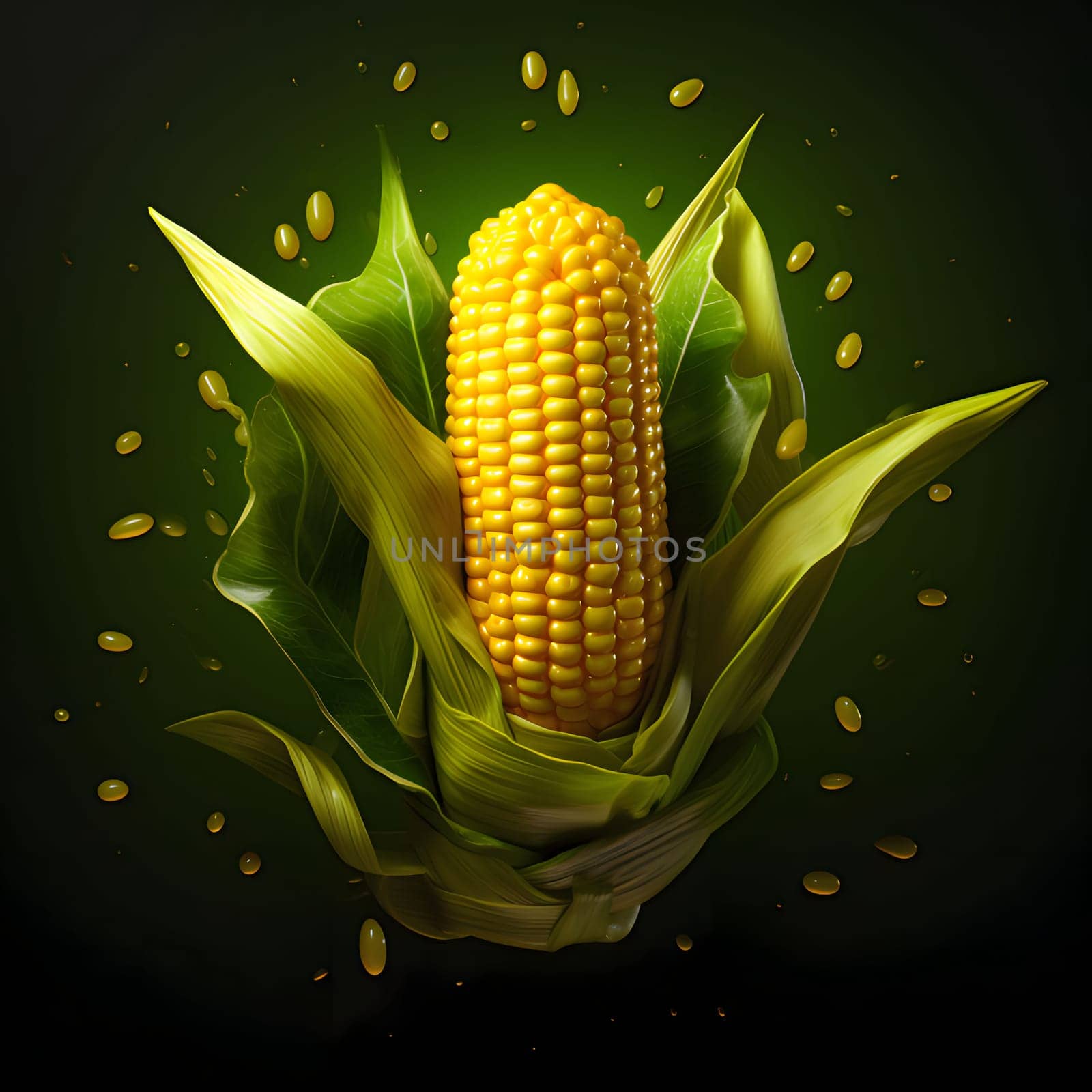 Cob of corn in green Leaf on a solid dark background. Corn as a dish of thanksgiving for the harvest. by ThemesS