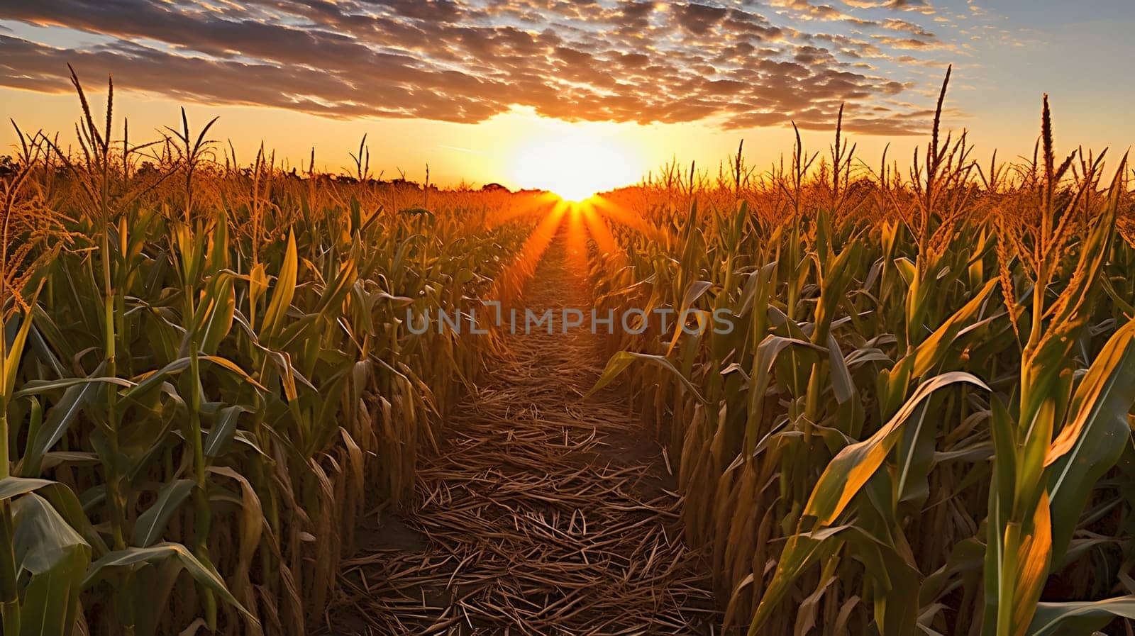 A corn field stretching to the horizon at sunset. Corn as a dish of thanksgiving for the harvest. An atmosphere of joy and celebration.