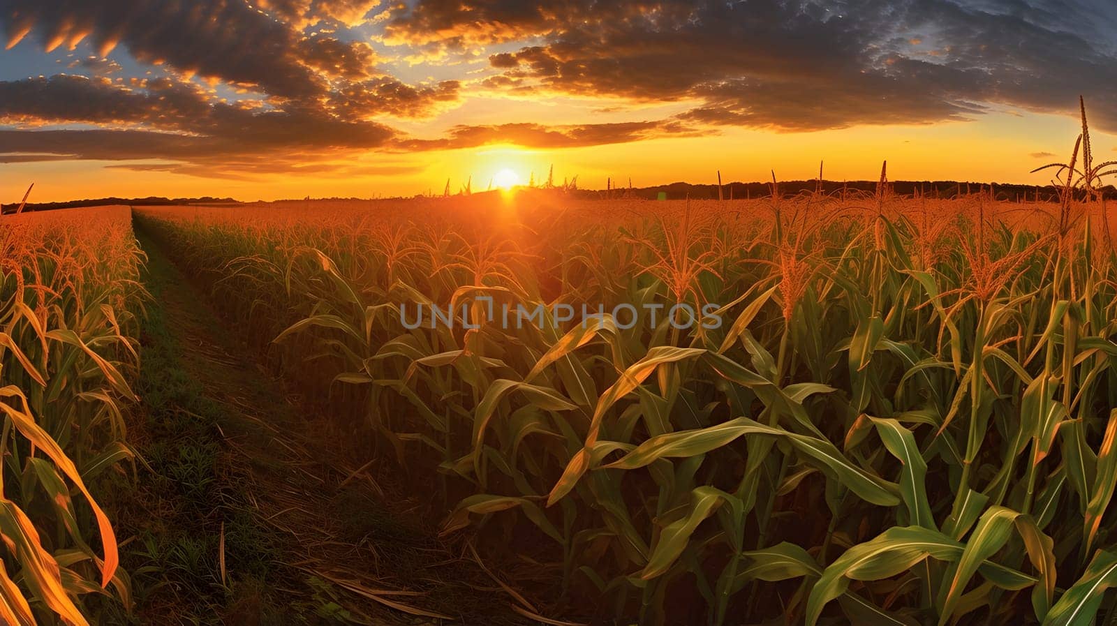 A corn field stretching to the horizon at sunset. Corn as a dish of thanksgiving for the harvest. by ThemesS