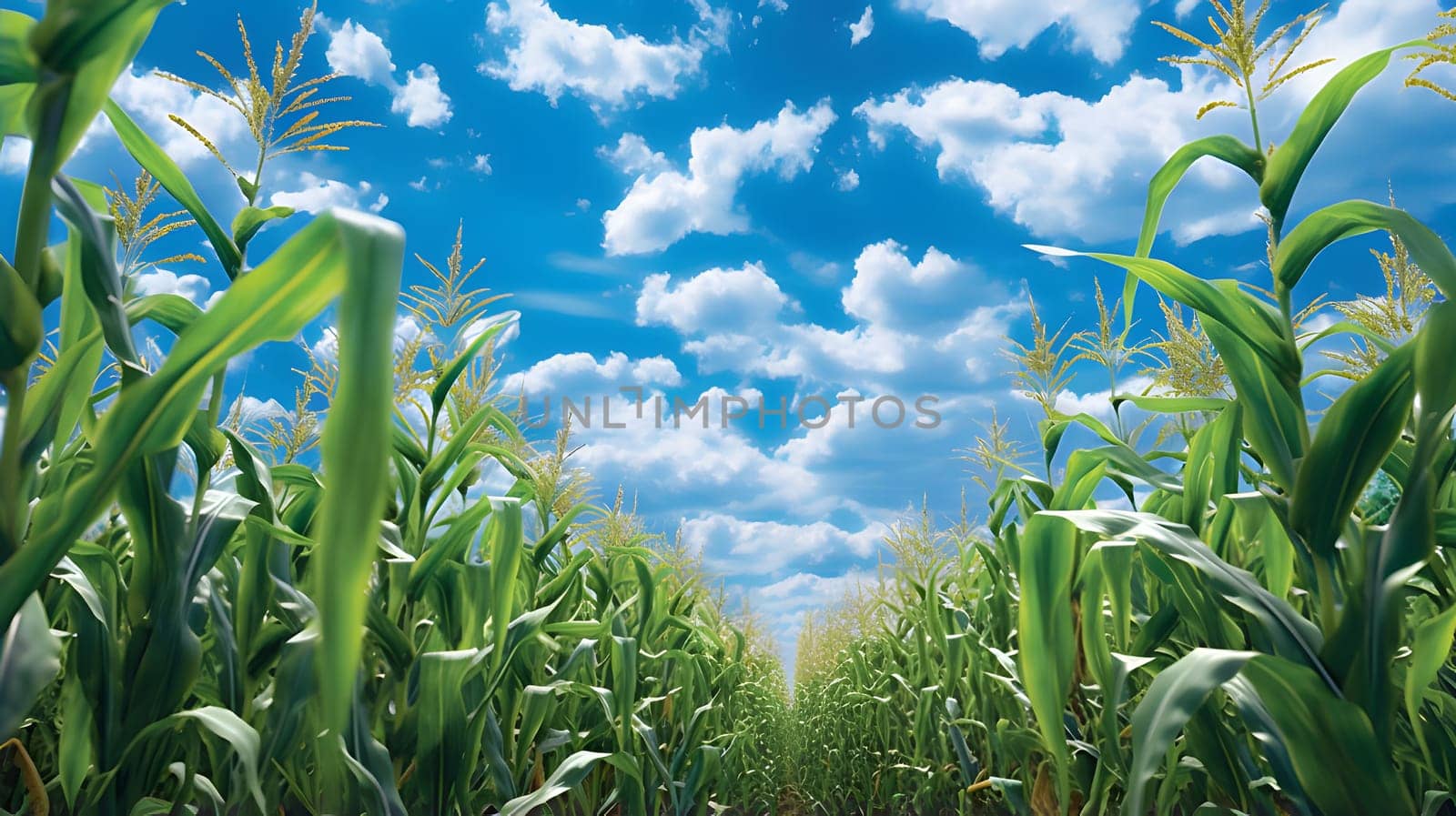 Photo of corn field view of sky with clouds. Corn as a dish of thanksgiving for the harvest. An atmosphere of joy and celebration.