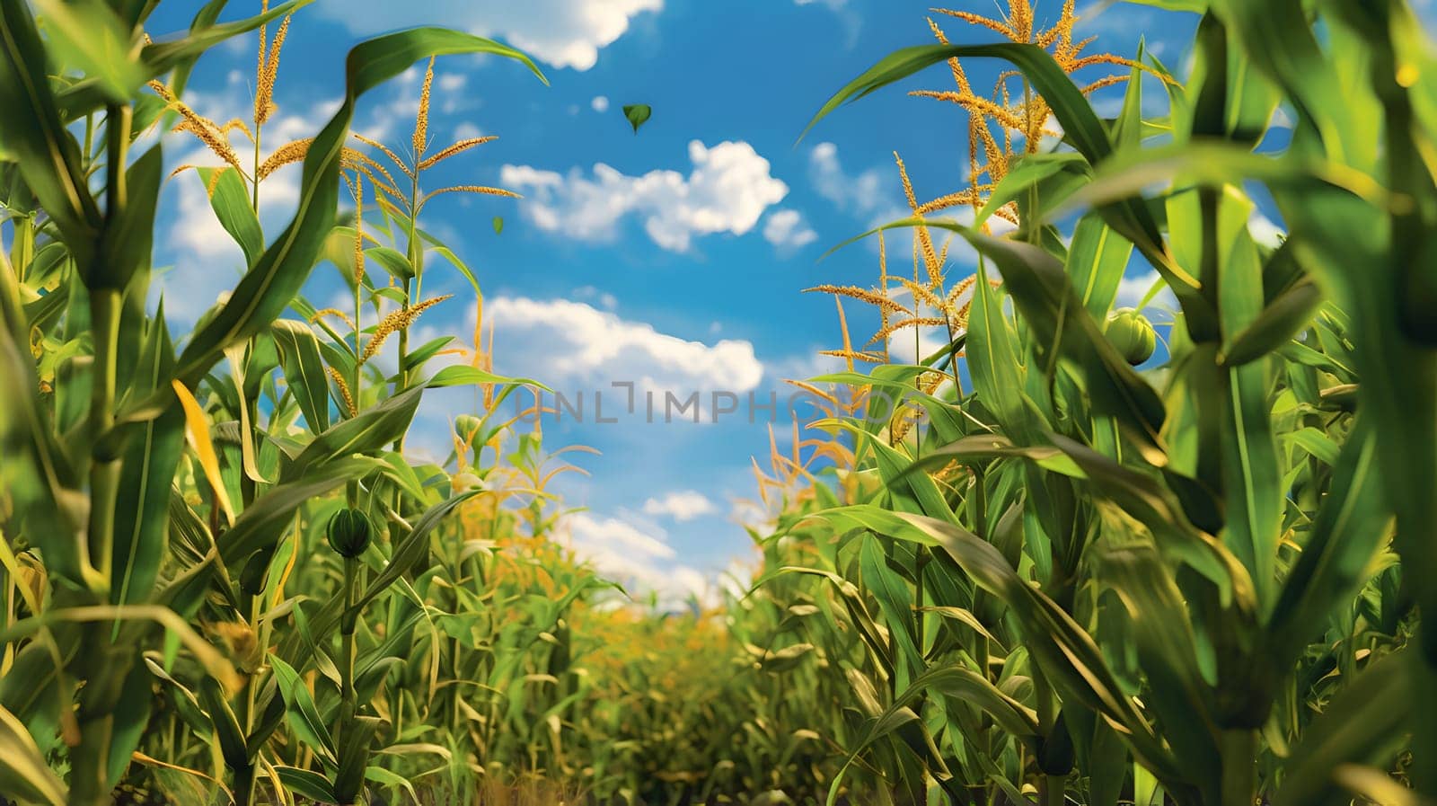 Photo of corn field view of sky with clouds. Corn as a dish of thanksgiving for the harvest. An atmosphere of joy and celebration.