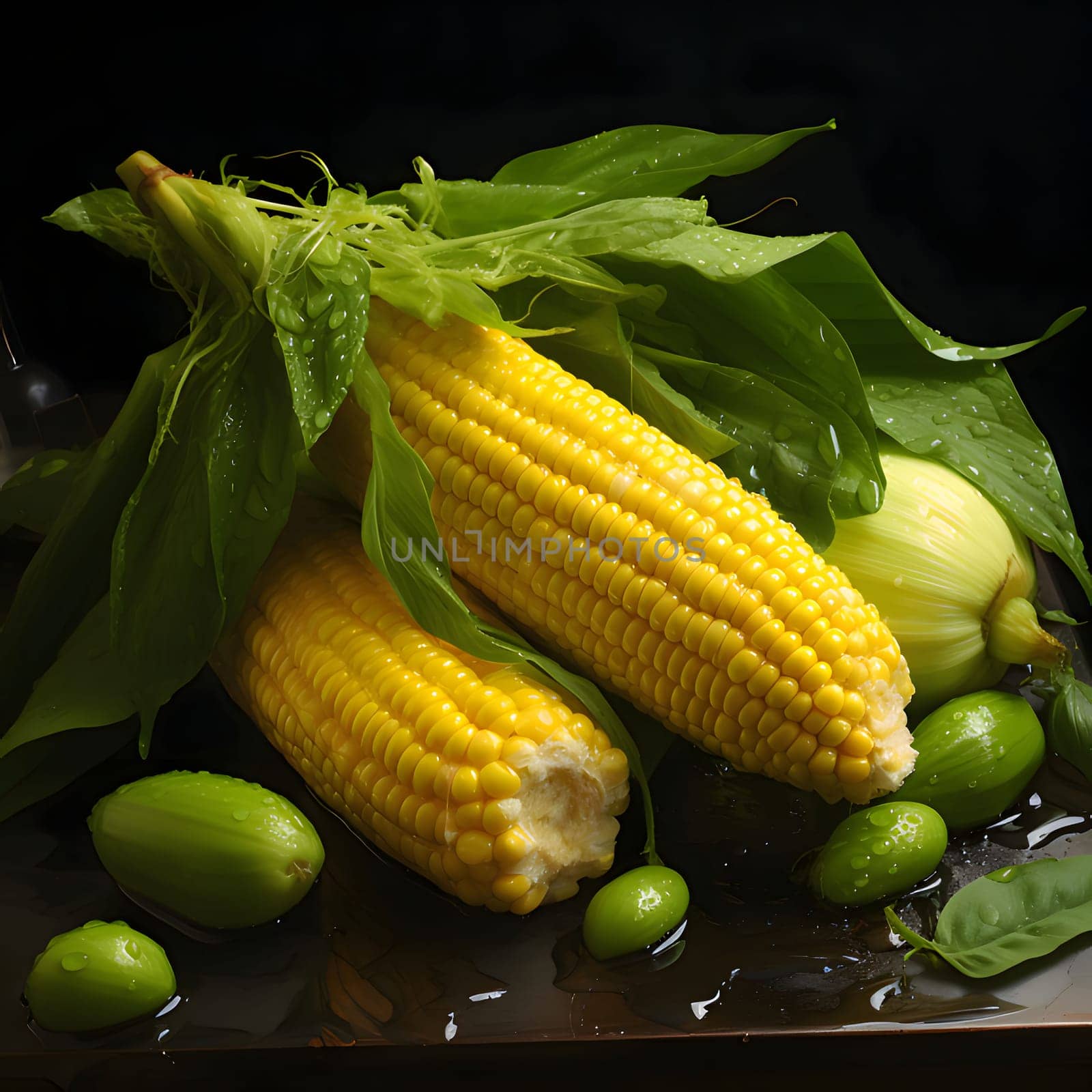 Two yellow corn cobs in leaf green on black background around water. Corn as a dish of thanksgiving for the harvest. An atmosphere of joy and celebration.