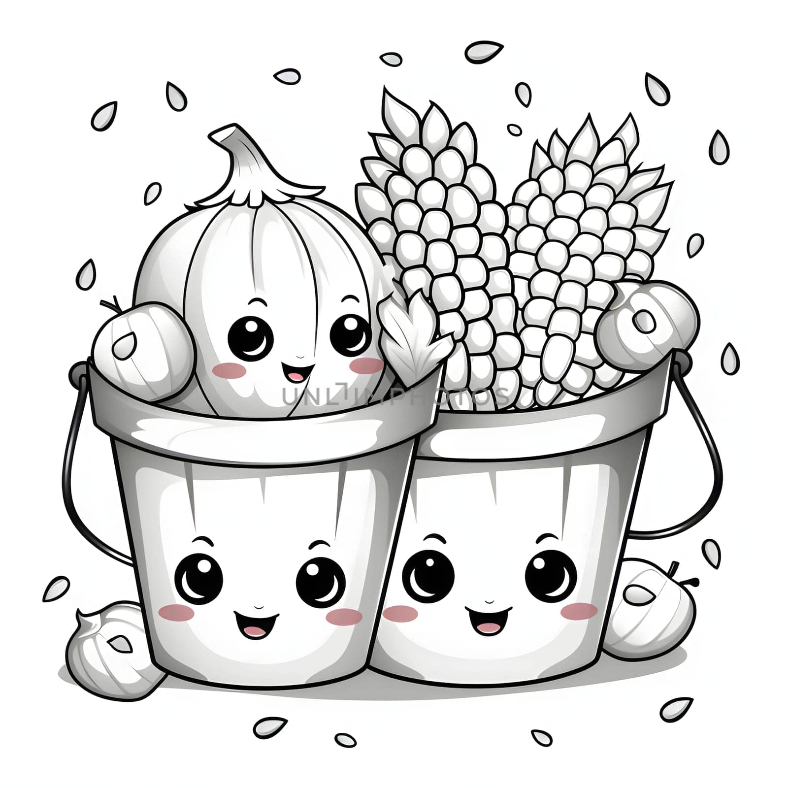 Black and White coloring book cheerful buckets with smiles, and in them corn cobs and pumpkin. Corn as a dish of thanksgiving for the harvest, picture on a white isolated background. by ThemesS