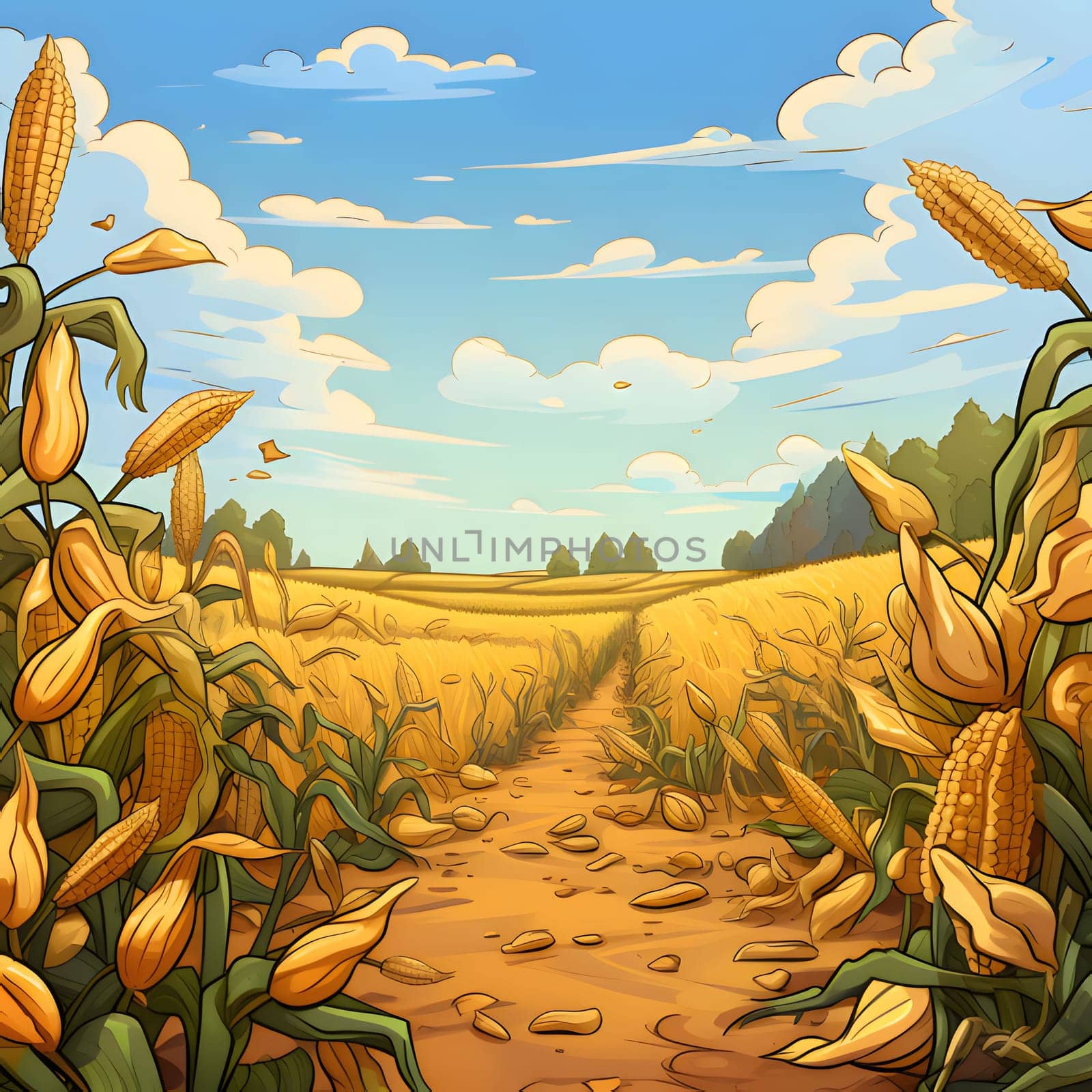 Illustration of a field of corn in autumn. Corn as a dish of thanksgiving for the harvest. An atmosphere of joy and celebration.