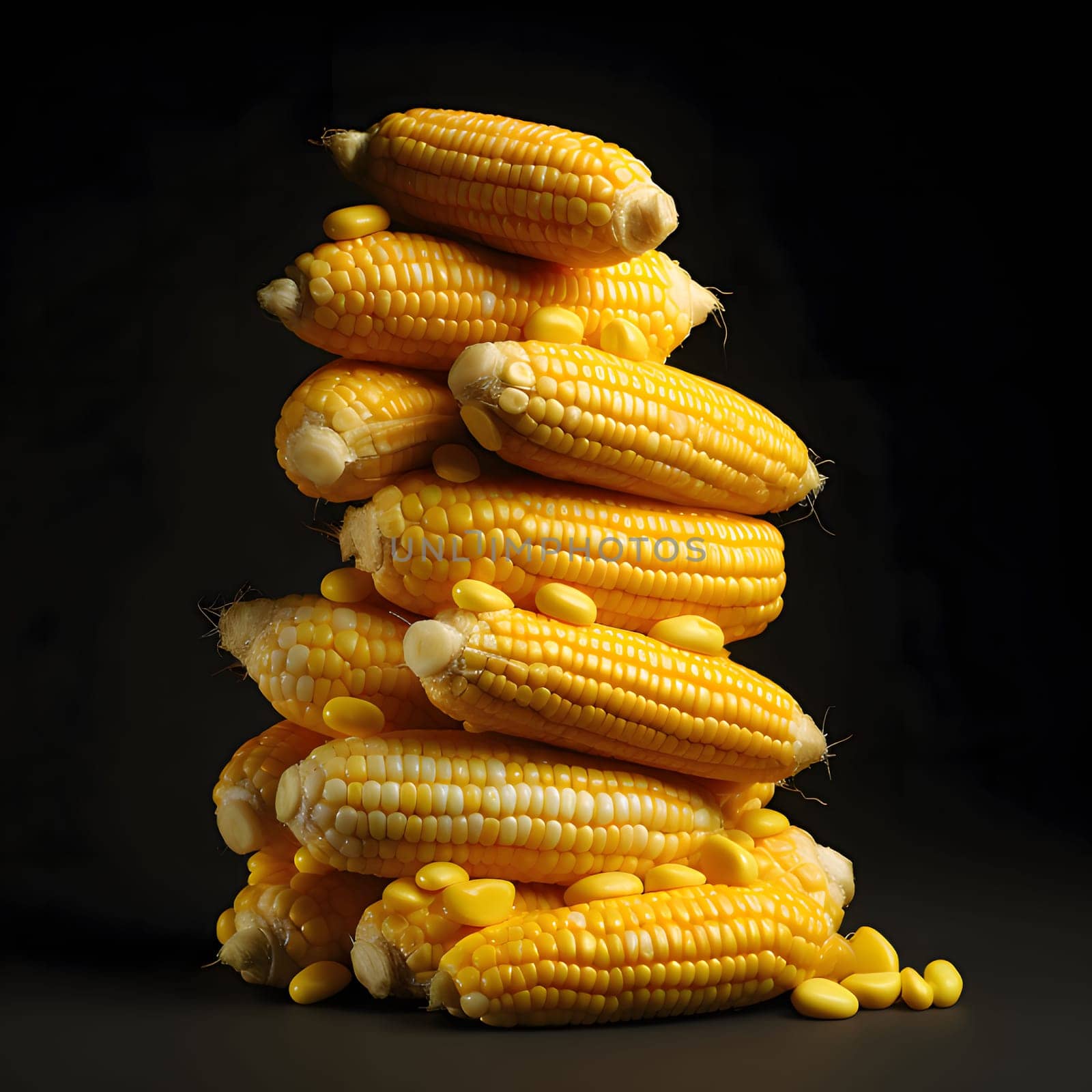 A pile of corn cobs on a black background. Corn as a dish of thanksgiving for the harvest. by ThemesS