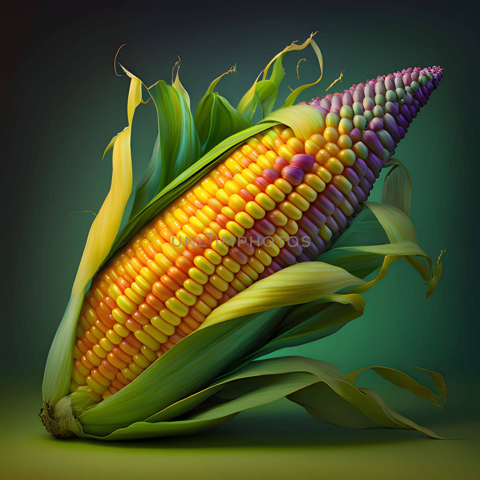 Colorful corn cob in green leaf on green background. Corn as a dish of thanksgiving for the harvest. by ThemesS