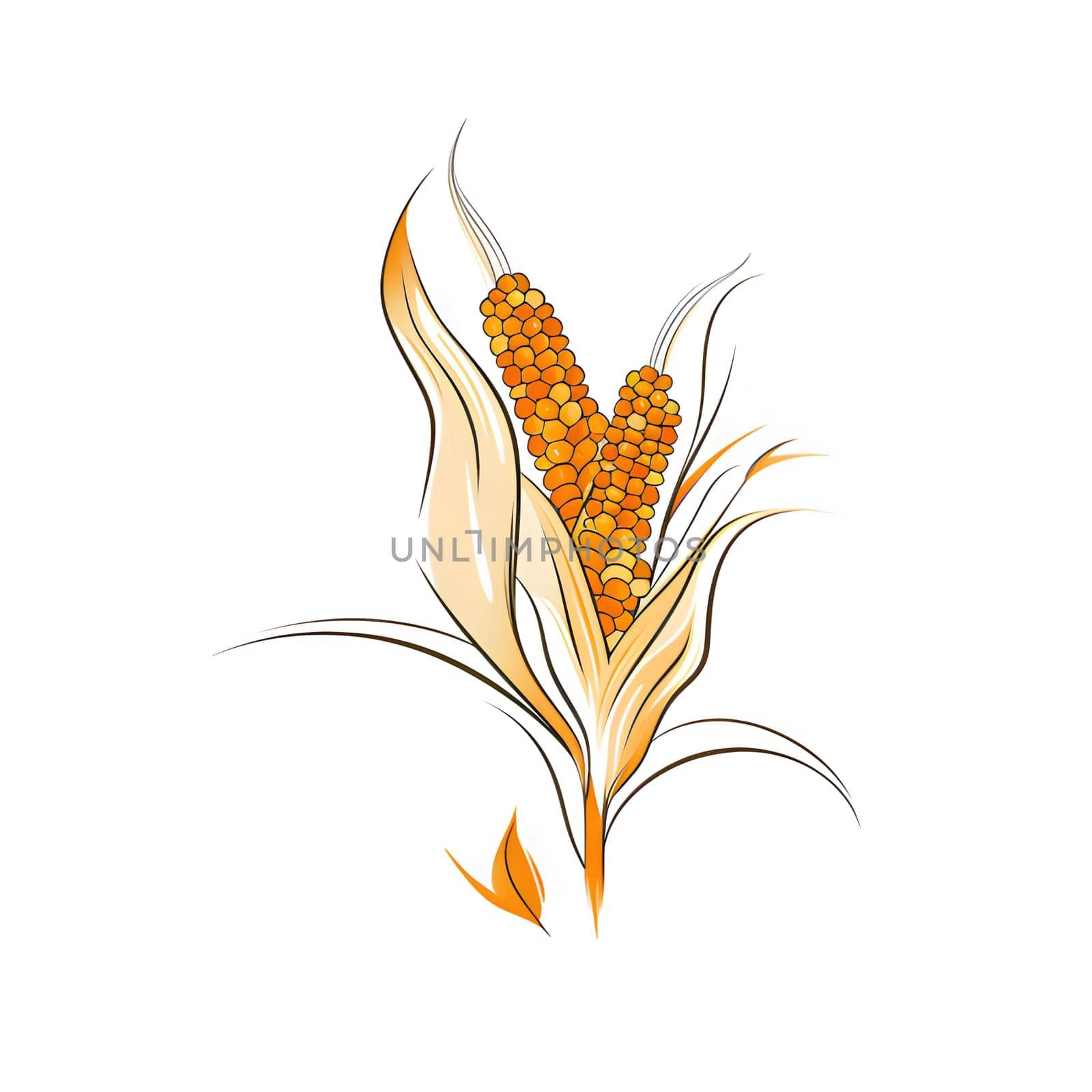Modern logo leaves with two corn cobs isolated on white background. Corn as a dish of thanksgiving for the harvest. An atmosphere of joy and celebration.