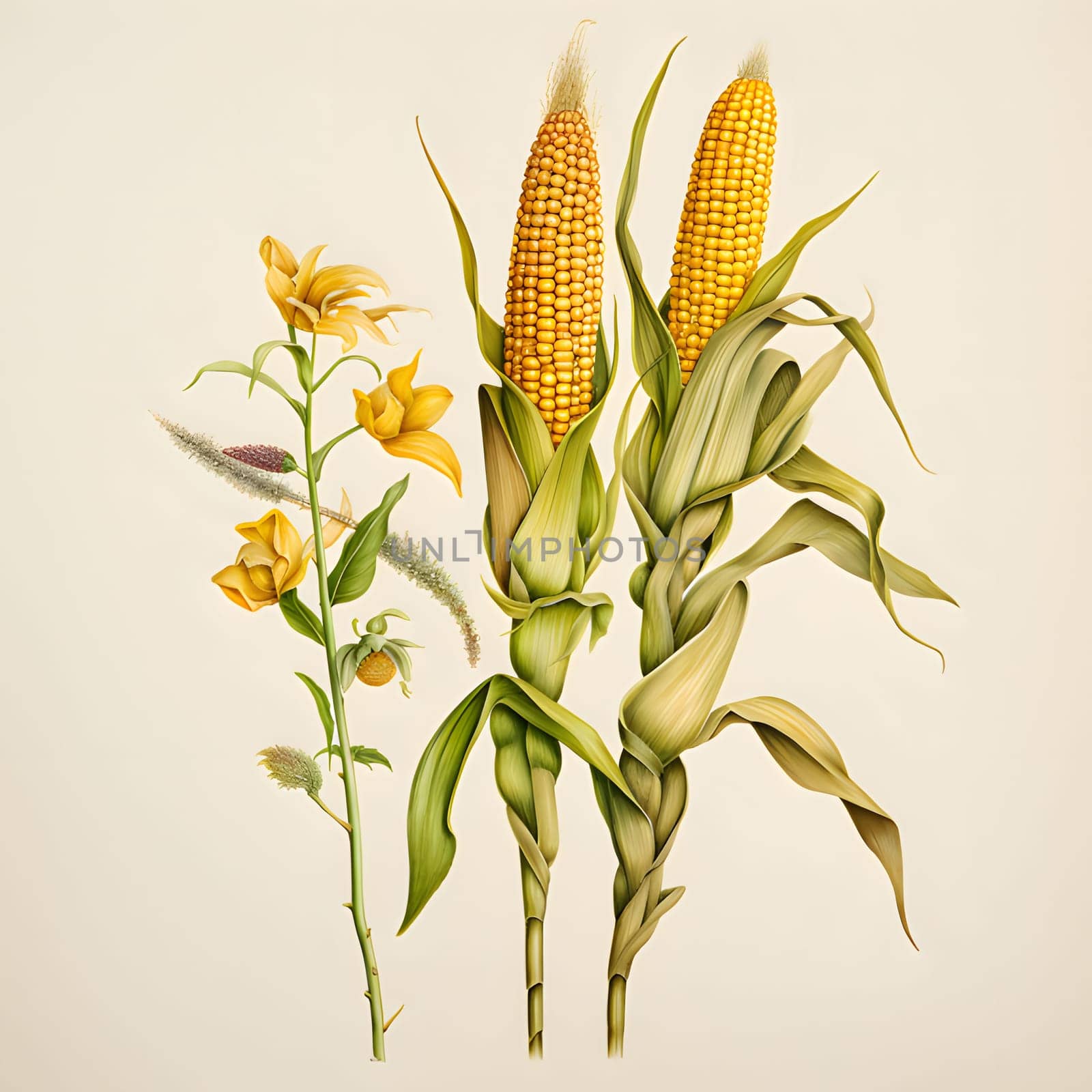 Corn cob with a flower isolated on a solid light background. Corn as a dish of thanksgiving for the harvest. An atmosphere of joy and celebration.