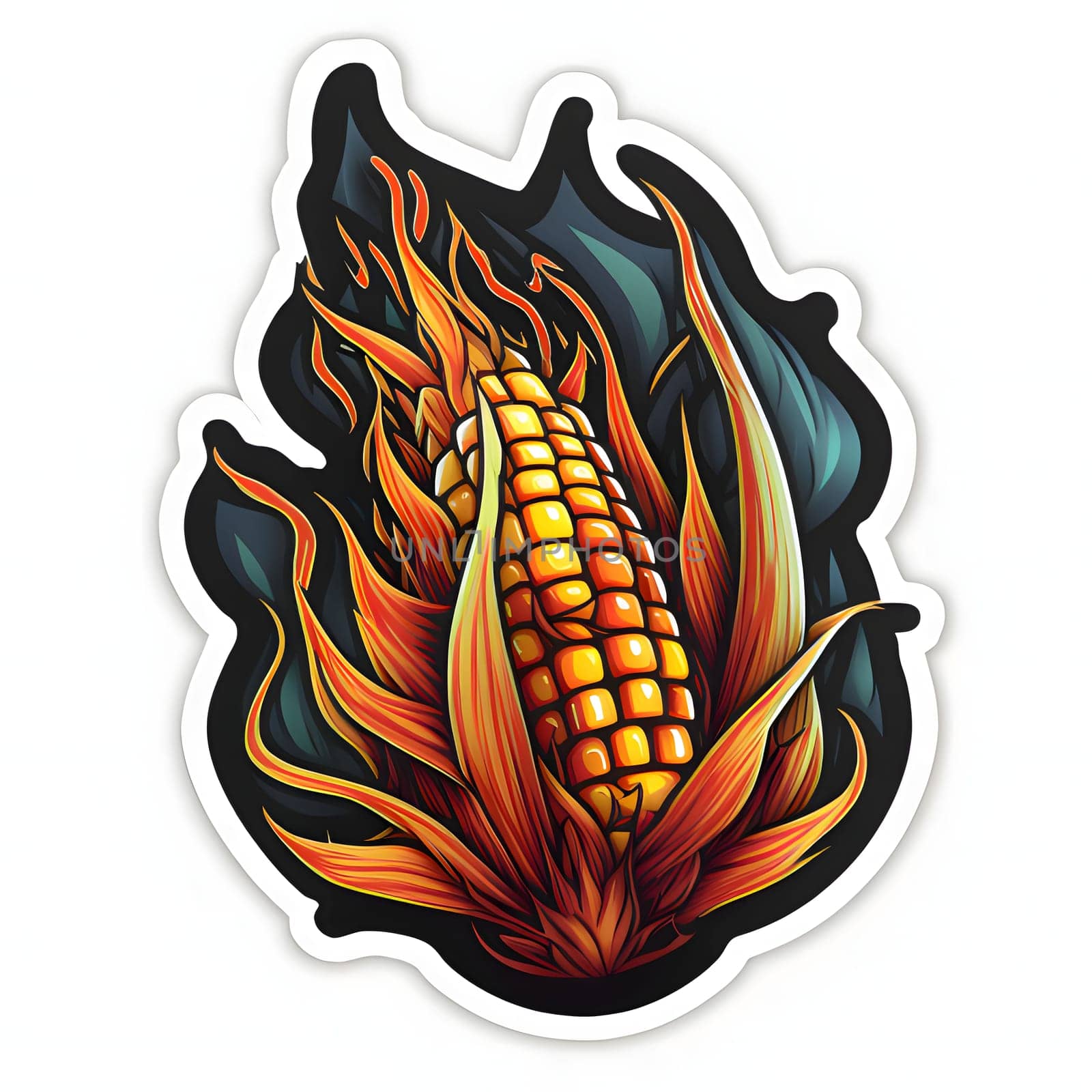 Sticker corn cob on a background of flames of fire. Corn as a dish of thanksgiving for the harvest, a picture on a white isolated background. An atmosphere of joy and celebration.