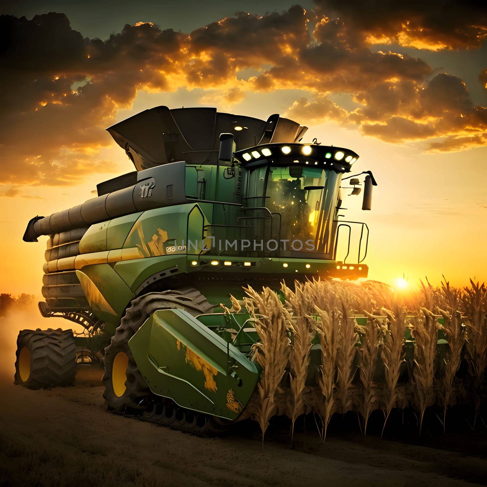 Combine during harvest in corn field sunset. Corn as a dish of thanksgiving for the harvest. An atmosphere of joy and celebration.