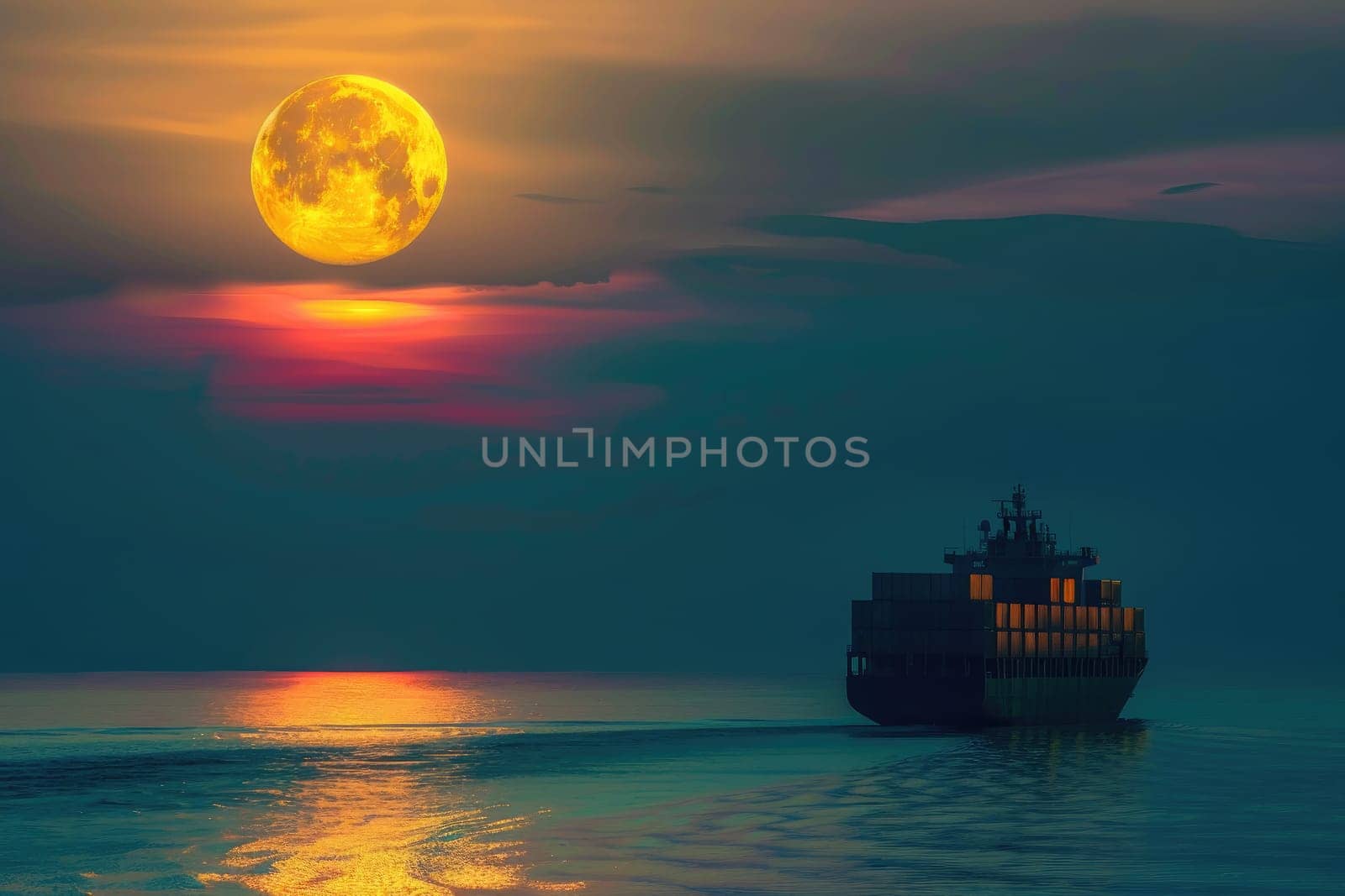 A dramatic silhouette of a cargo ship sailing across a calm ocean under a full moon. by Chawagen