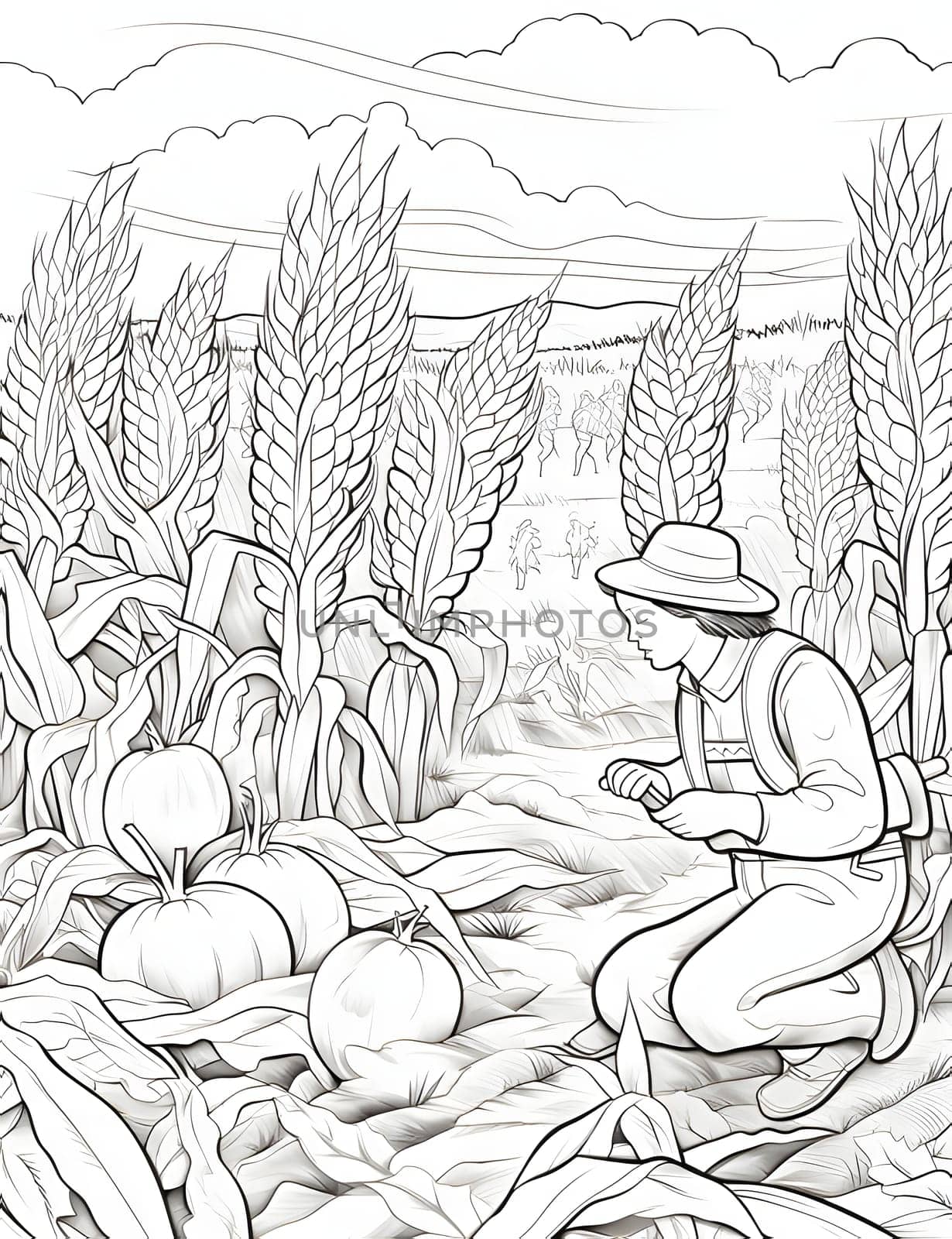 Black and white coloring book, a woman farmer in a field of corn and pumpkins. Corn as a dish of thanksgiving for the harvest, a picture on a white isolated background. by ThemesS