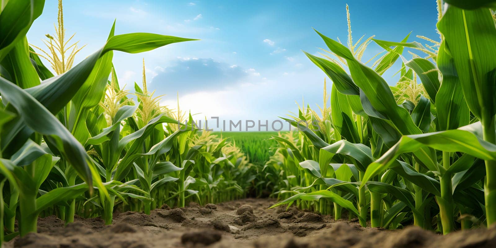 Path in the middle, fields, corn, sky on top., banner with space for your own content. Blurred background. by ThemesS