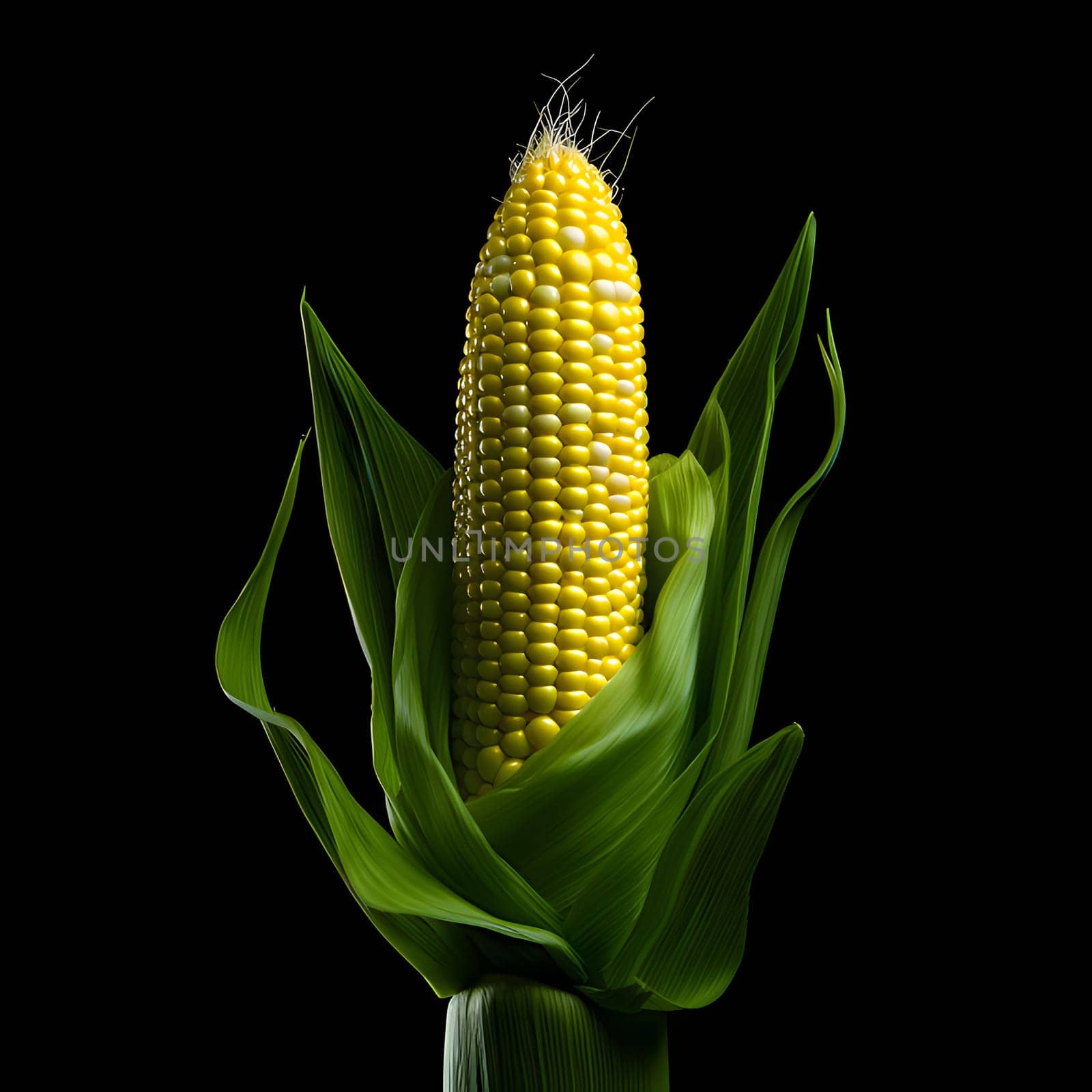 Yellow cob, corn with green leaves on the stalk, isolated black background. Corn as a dish of thanksgiving for the harvest. An atmosphere of joy and celebration.