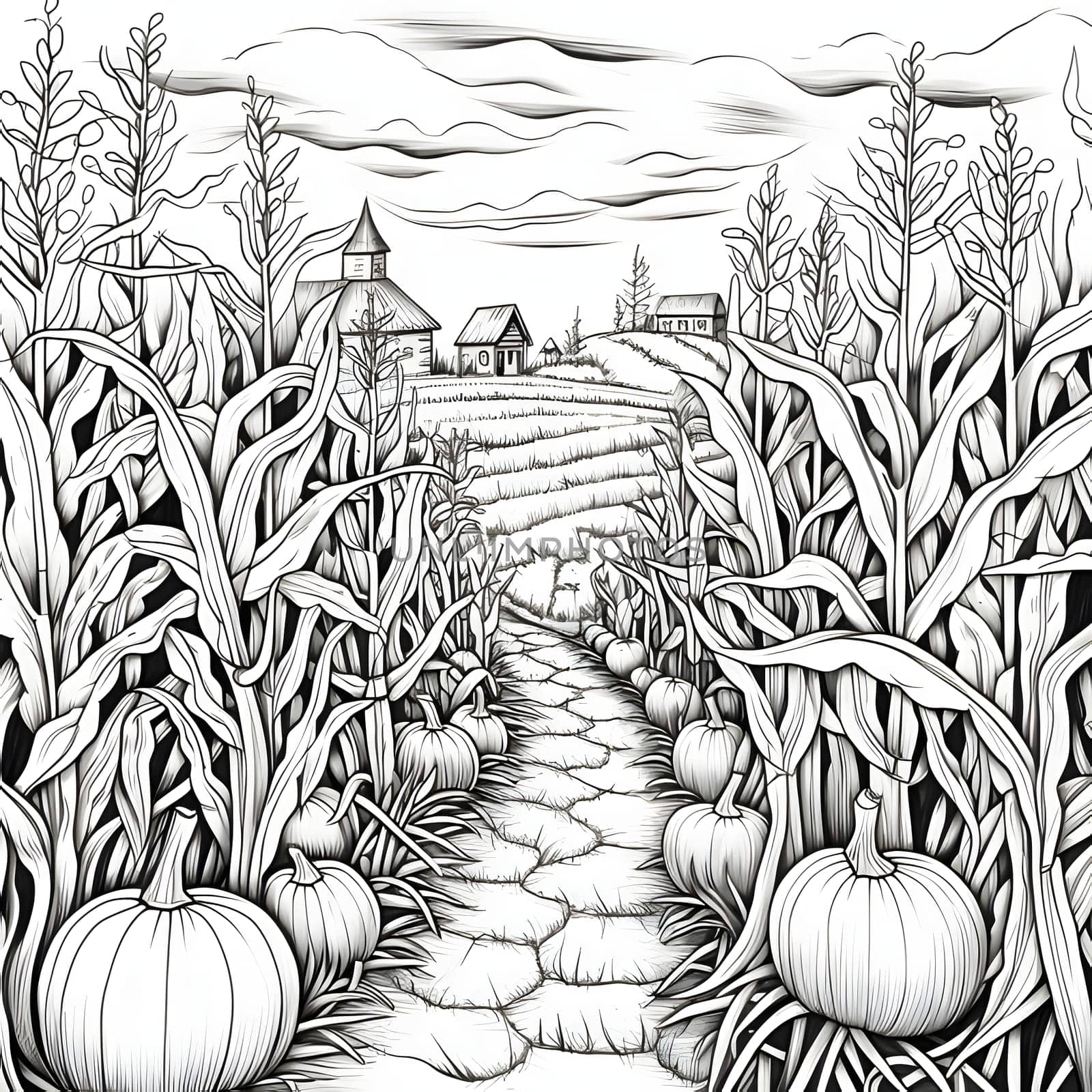 Black and White coloring book corn field with pumpkins, with houses in the background. Corn as a dish of thanksgiving for the harvest, a picture on a white isolated background. by ThemesS