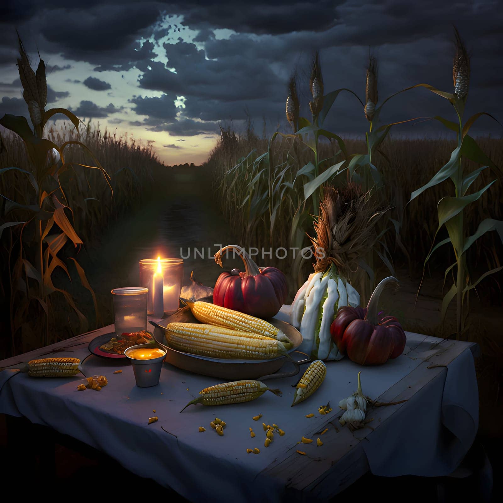 A field of corn at night, and in the midst of it a table covered with a tablecloth with candle corn cobs, pumpkins. Corn as a dish of thanksgiving for the harvest. by ThemesS