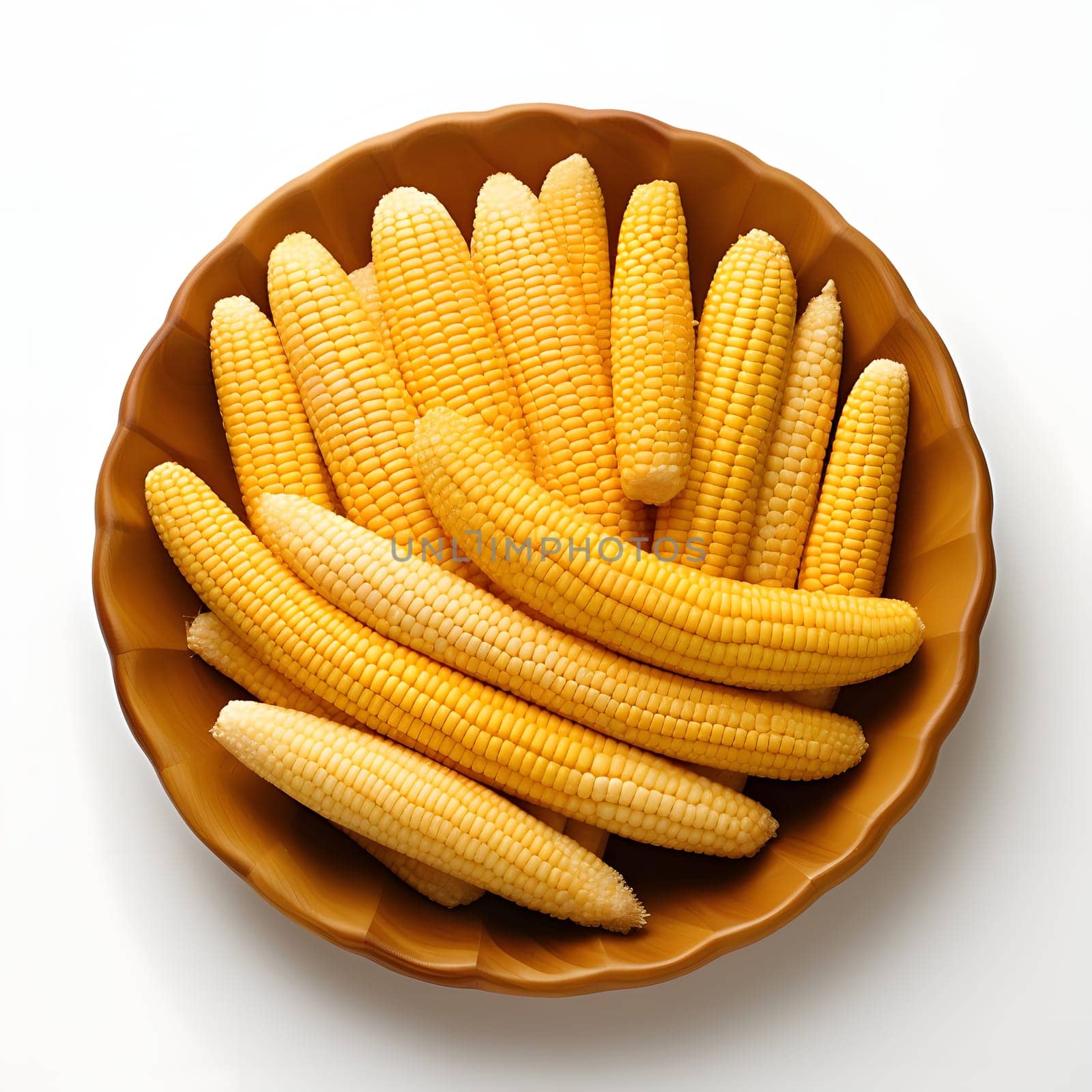 Yellow corn cobs in a bowl, top view. Corn as a dish of thanksgiving for the harvest, picture on a white isolated background. by ThemesS