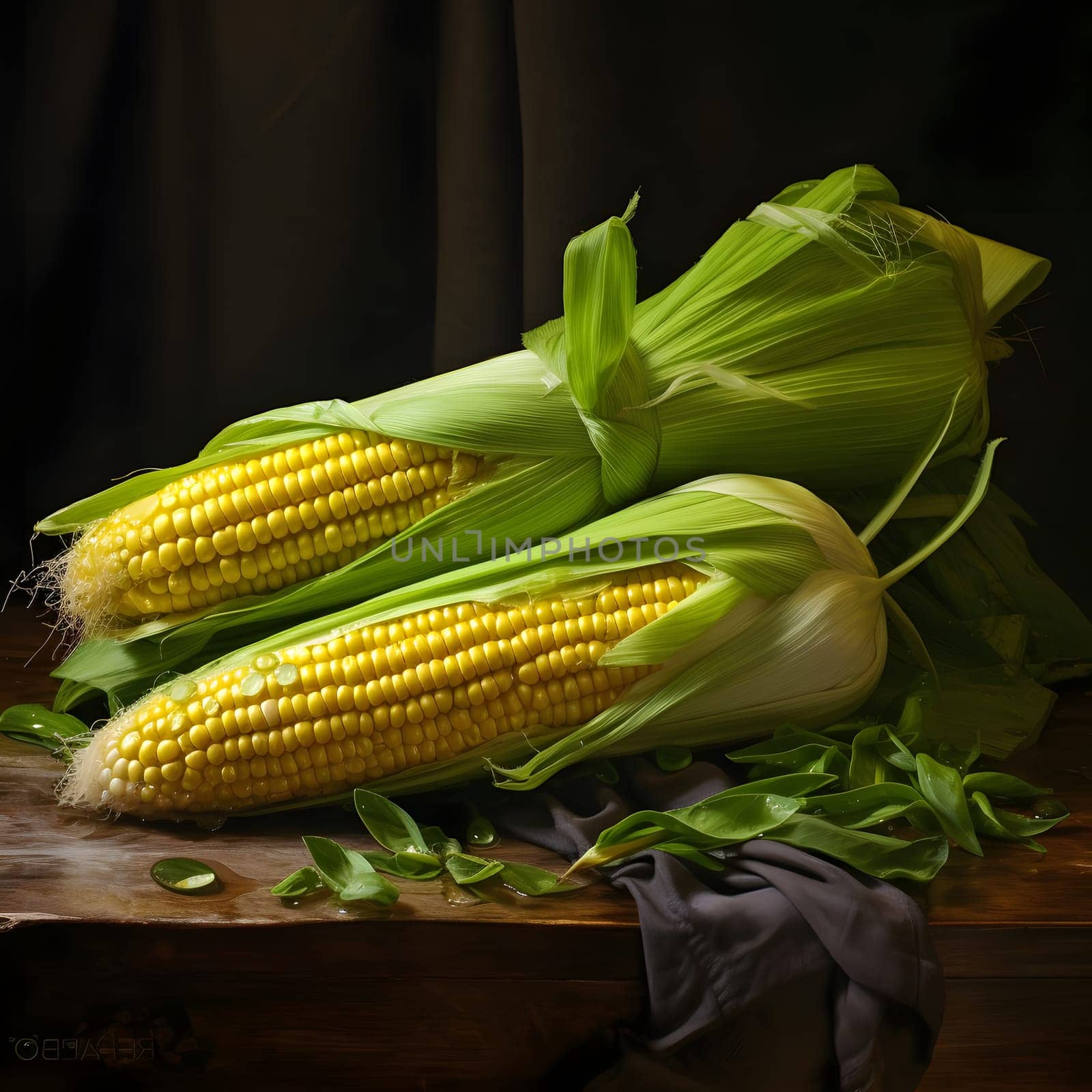 Two unpeeled yellow corn cobs on a wooden table dark background. Corn as a dish of thanksgiving for the harvest. by ThemesS
