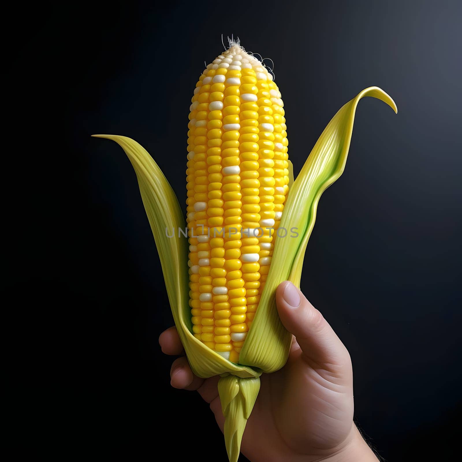 Yellow cob, corn held in hand on dark background. Corn as a dish of thanksgiving for the harvest. by ThemesS