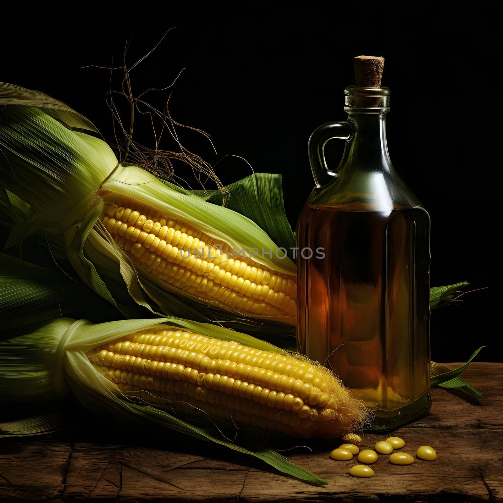 Two yellow corn cobs and a bottle with cork on a wooden table top, dark background. Corn as a dish of thanksgiving for the harvest. An atmosphere of joy and celebration.