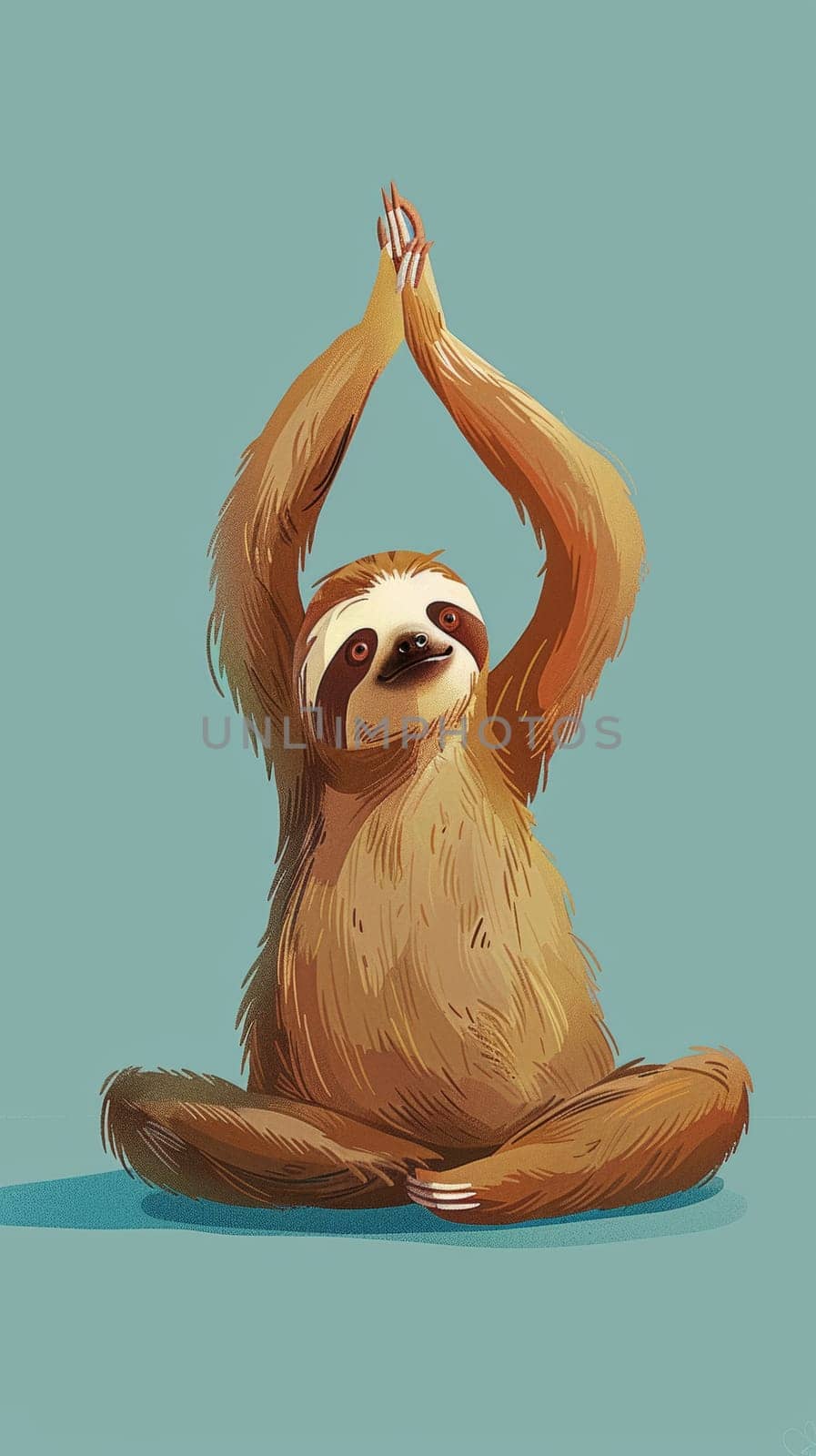 Sloth practicing yoga with arms raised in lotus position by Anastasiia