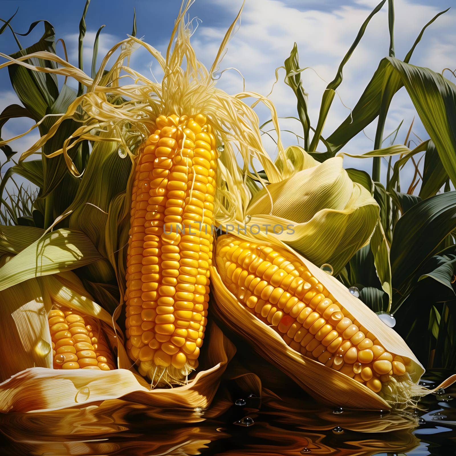 Three big yellow corn cobs over water. Corn as a dish of thanksgiving for the harvest. An atmosphere of joy and celebration.