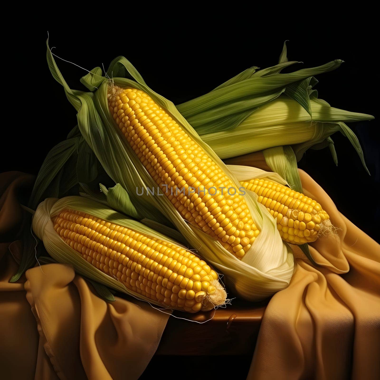 Three elegantly laid yellow corn cobs on a dark background. Corn as a dish of thanksgiving for the harvest. An atmosphere of joy and celebration.