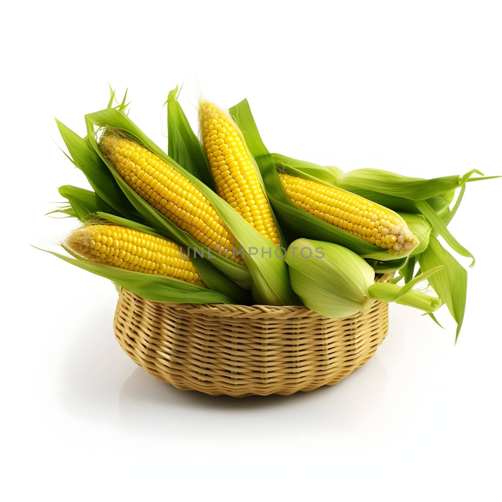 Yellow corn cobs with leaves in a wicker basket. Corn as a dish of thanksgiving for the harvest, picture on a white isolated background. by ThemesS