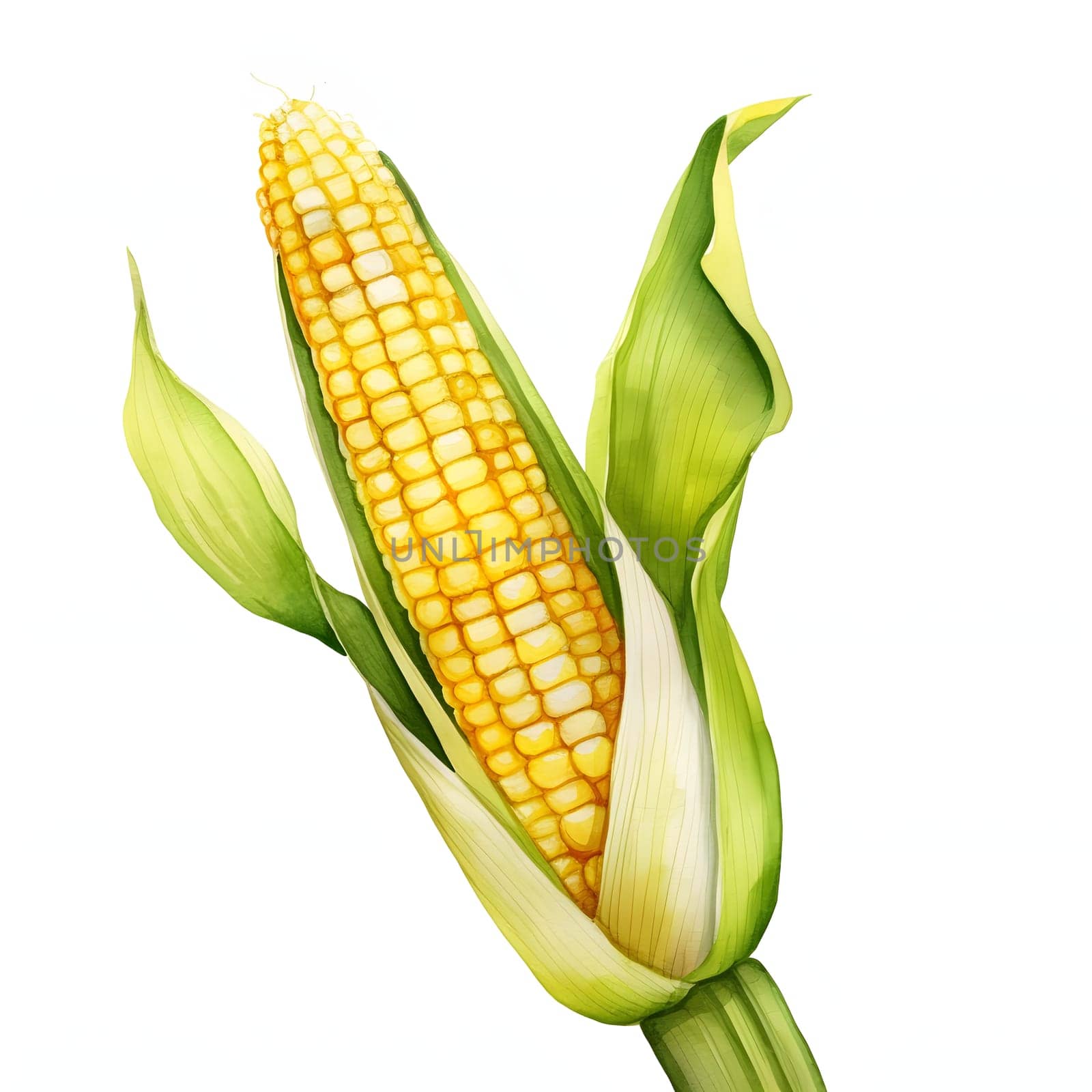 Painted yellow corn cob with green leaves. Corn as a dish of thanksgiving for the harvest, picture on a white isolated background. An atmosphere of joy and celebration.