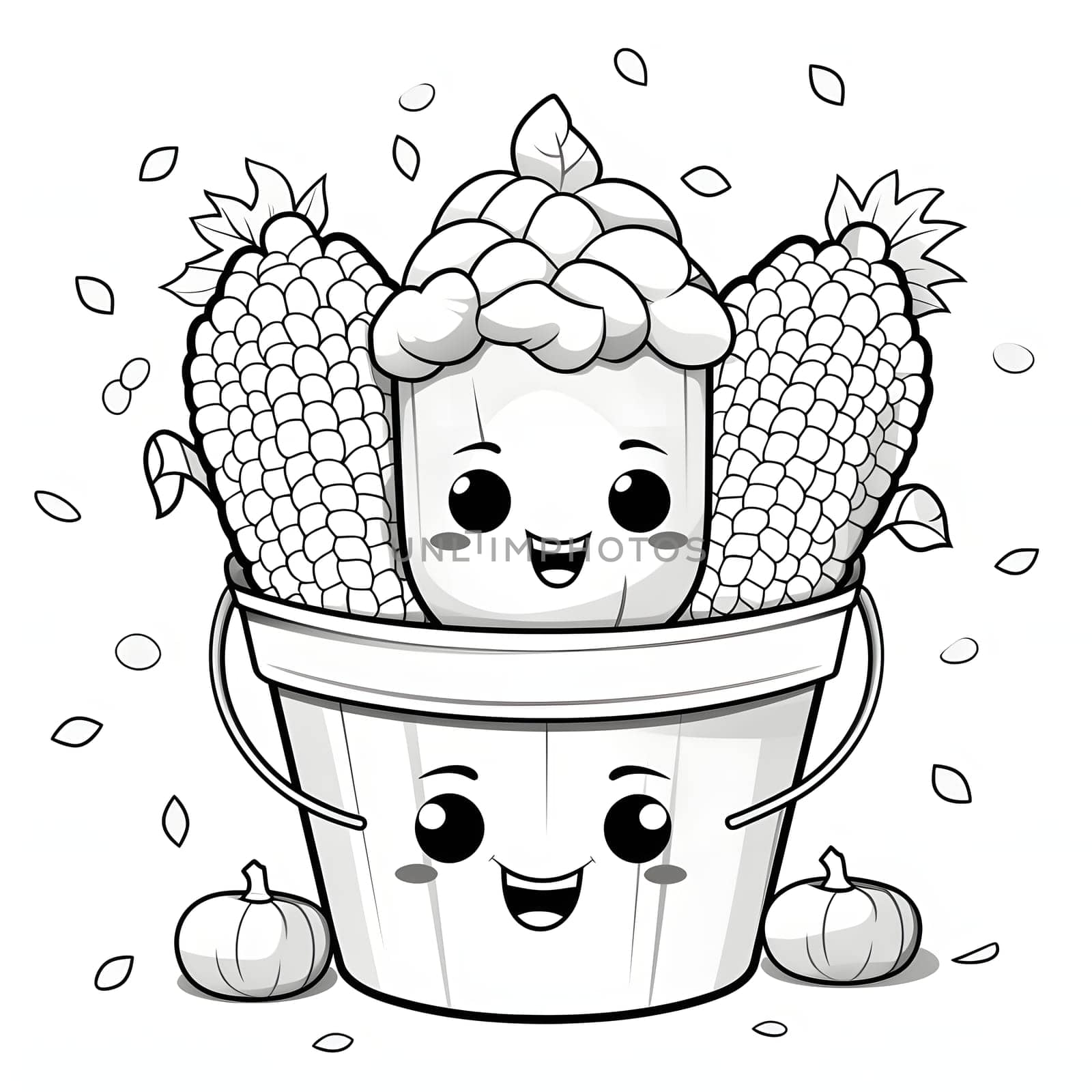 Black and White coloring book smiling bucket of corn cobs. Corn as a dish of thanksgiving for the harvest. by ThemesS