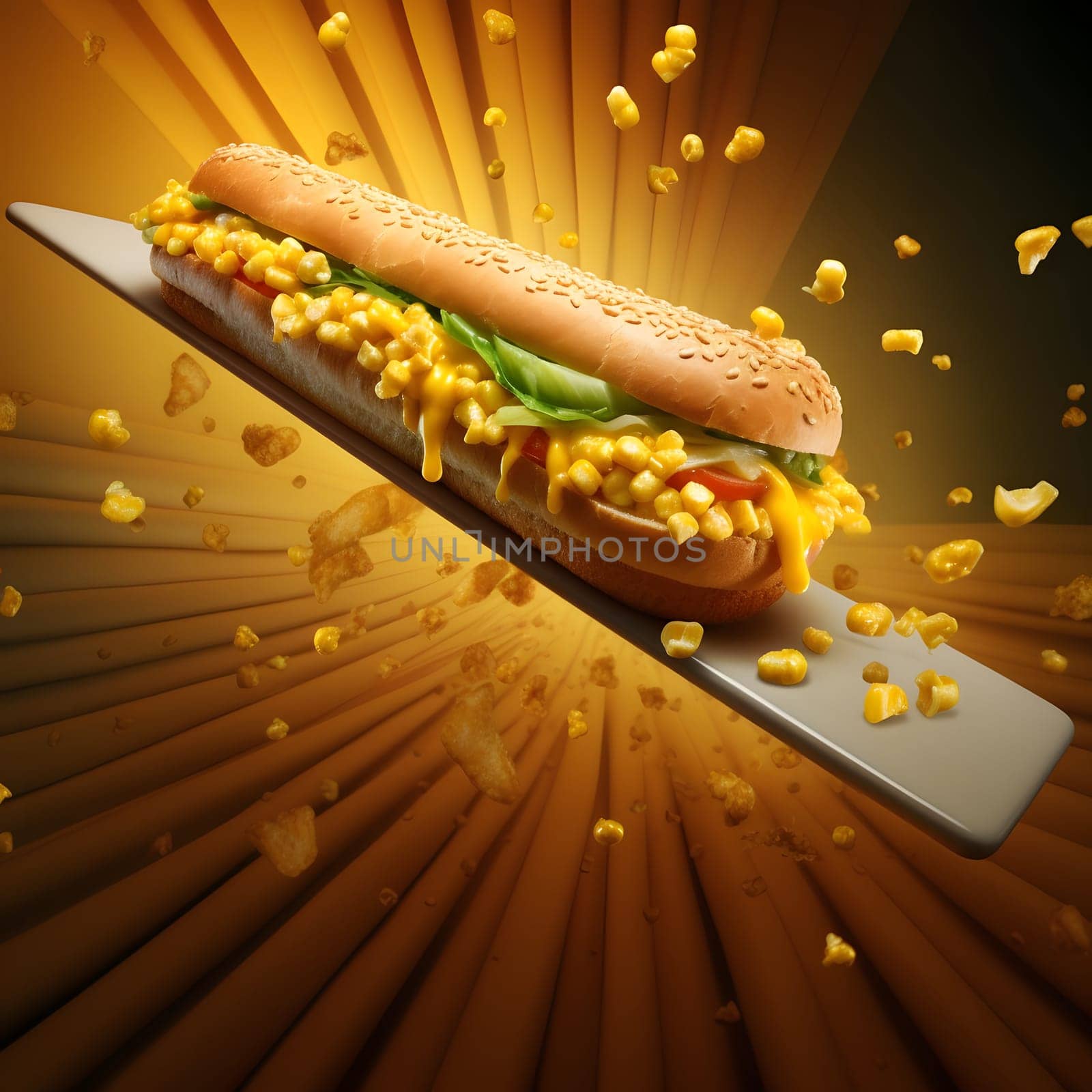 Illustration, long hamburger bun with corn. All around golden rays of light. Corn as a dish of thanksgiving for the harvest, picture on a white isolated background. An atmosphere of joy and celebration.