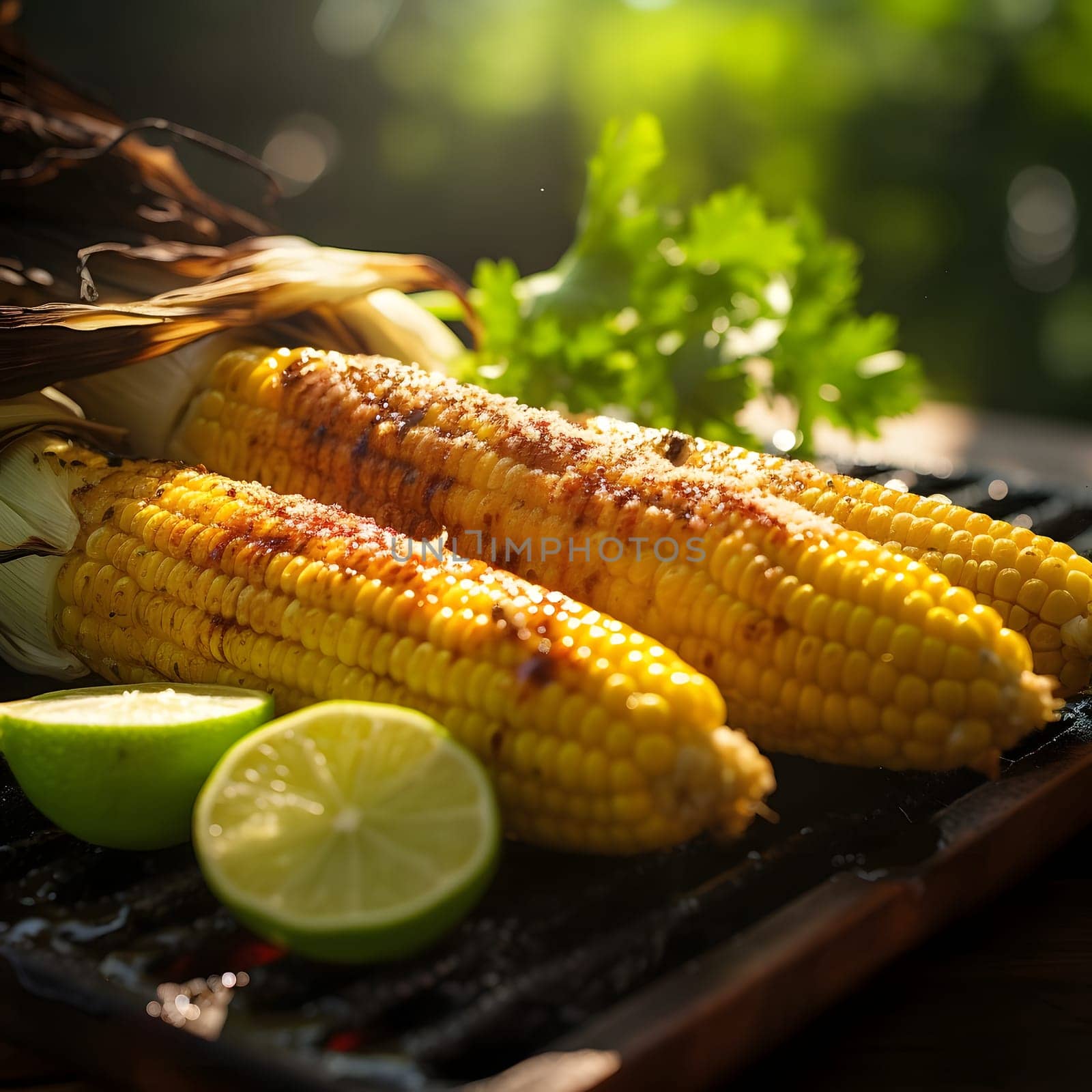 Yellow corn cobs with spices sprinkle scientific vegetable as decoration smudged background. Corn as a dish of thanksgiving for the harvest. An atmosphere of joy and celebration.