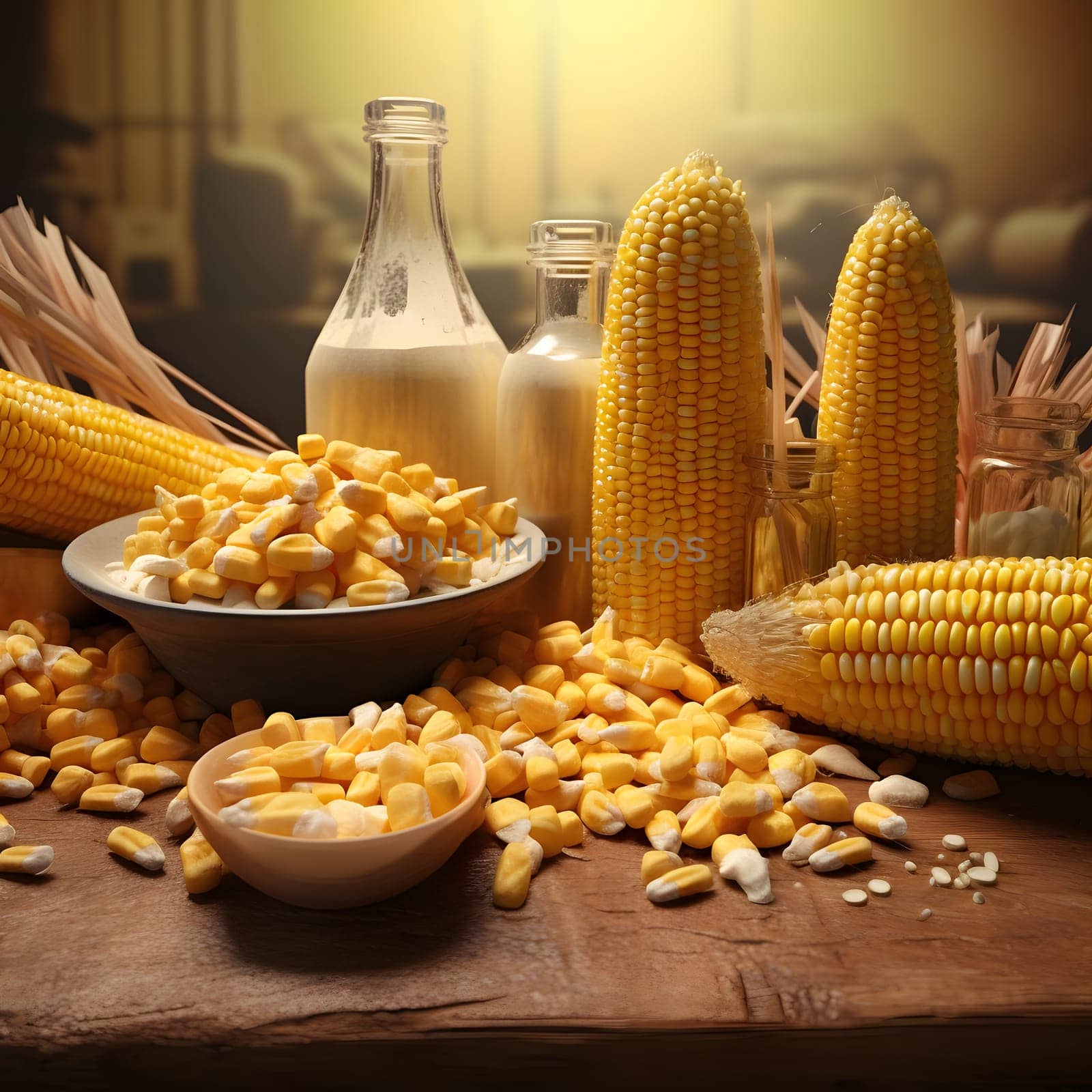 Yellow corn cobs on a wooden table two bottles of milk, corn kernels. Corn as a dish of thanksgiving for the harvest. An atmosphere of joy and celebration.