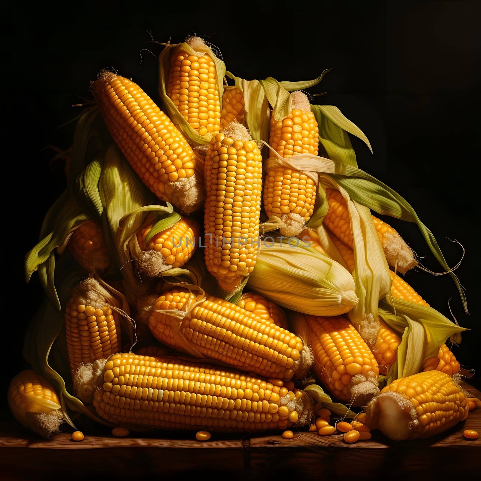 Stack of yellow corn cobs with leaves on wooden table, black background. Corn as a dish of thanksgiving for the harvest. An atmosphere of joy and celebration.