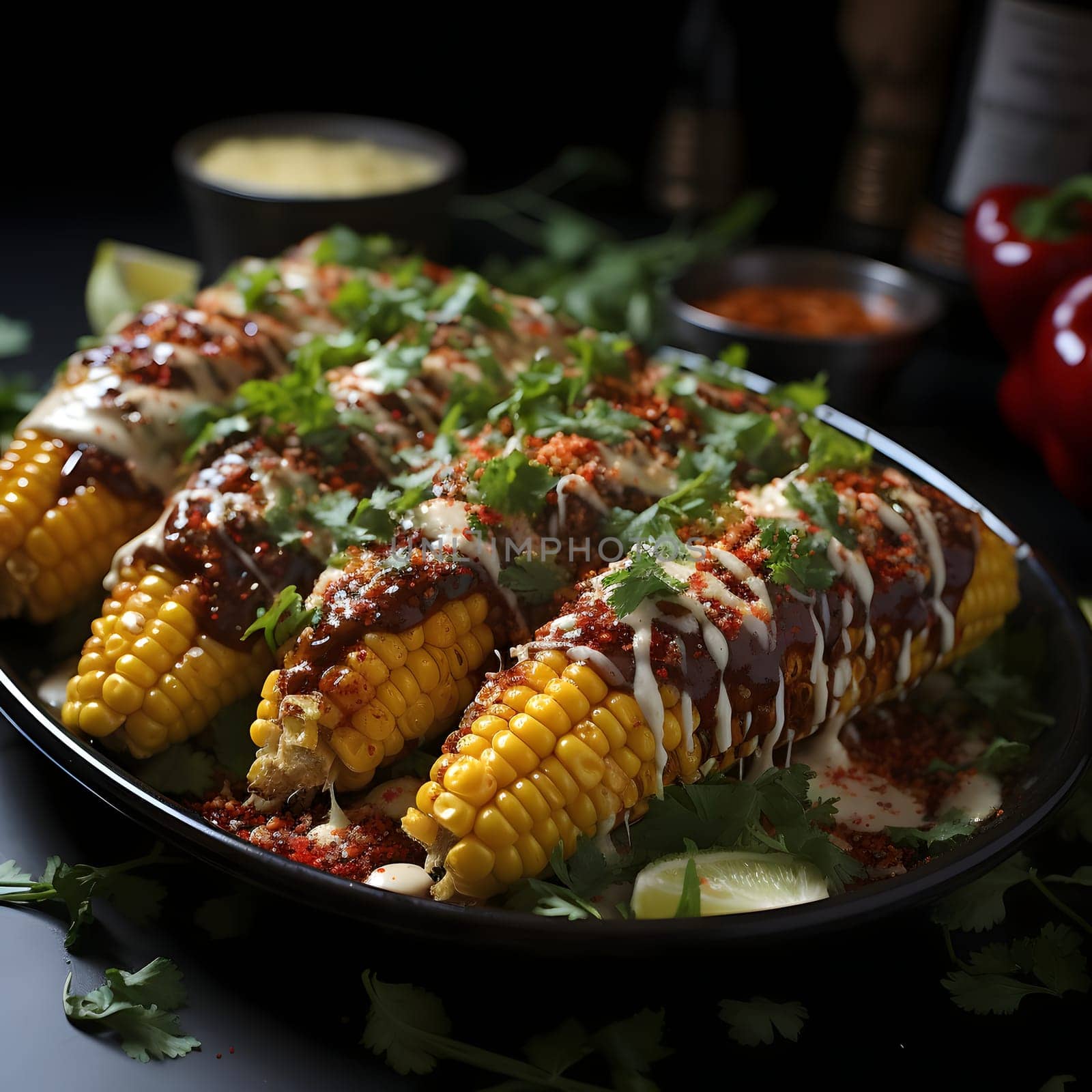 Seasoned yellow cobs, corn with sauces and green spices on a plate. Corn as a dish of thanksgiving for the harvest. An atmosphere of joy and celebration.