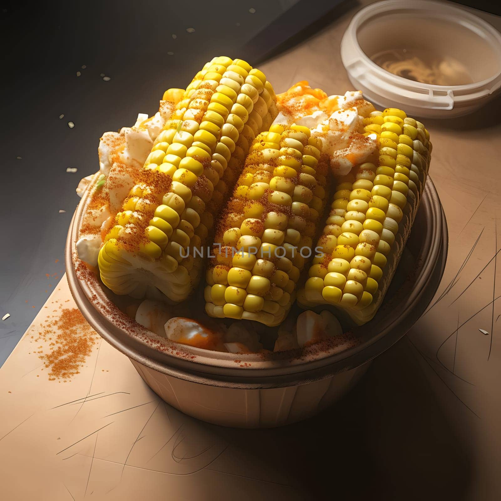 Small yellow corn cobs as elements of a vegetable salad in a container. Corn as a dish of thanksgiving for the harvest. An atmosphere of joy and celebration.