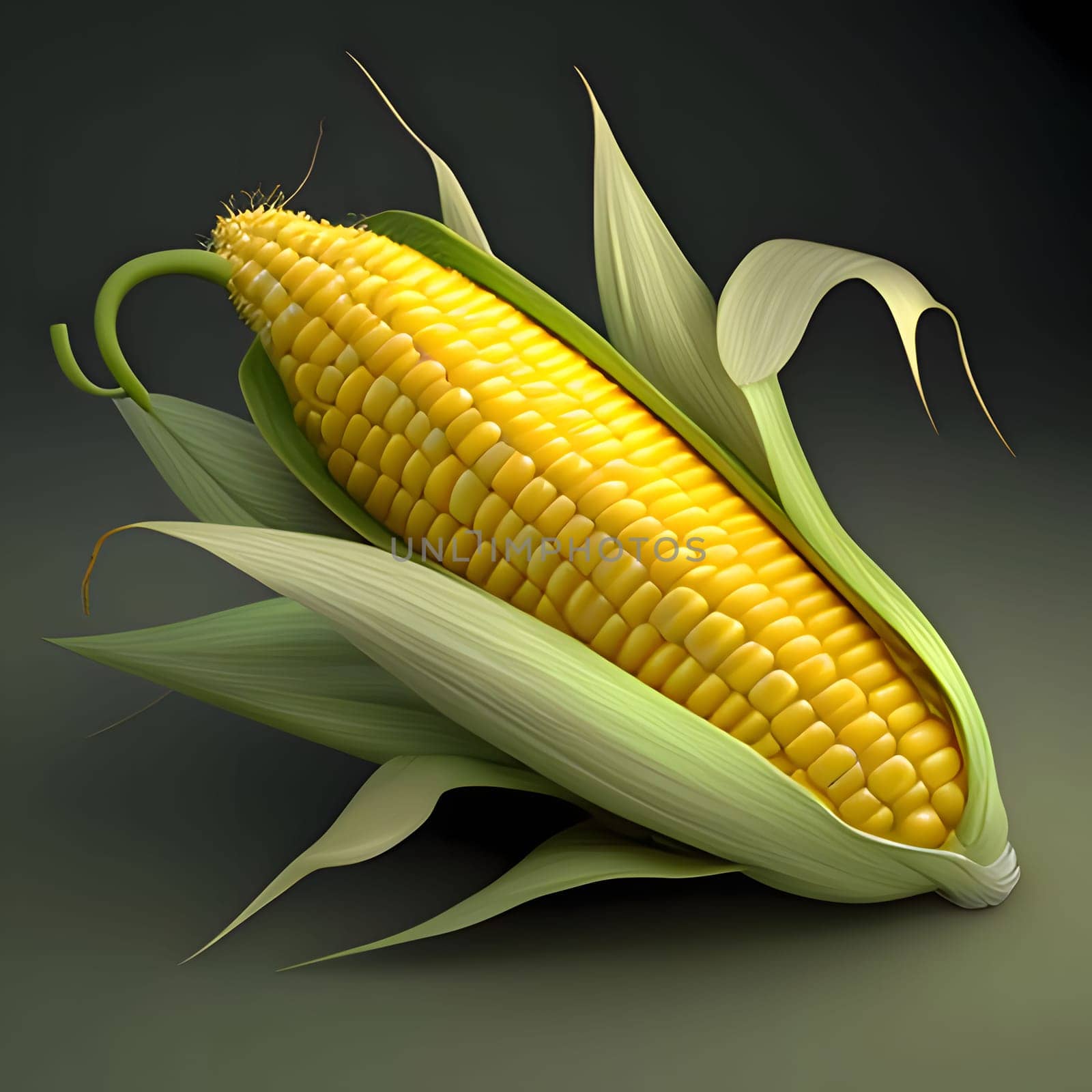 Yellow corn cob with green leaves on a solid dark background. Corn as a dish of thanksgiving for the harvest. An atmosphere of joy and celebration.